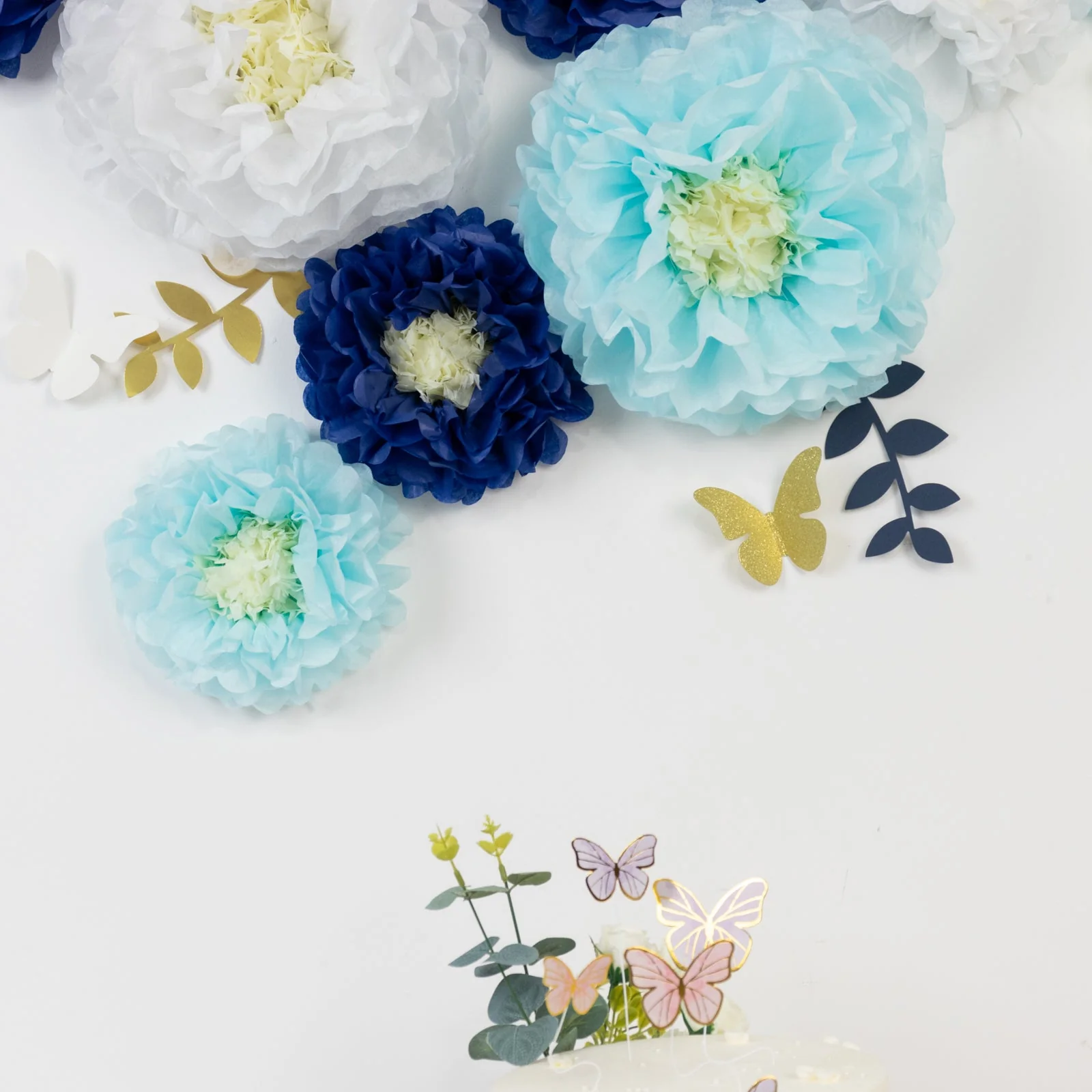 Set of 21 Tissue Paper Pom Poms Decor Kit – White Blue 3D Chrysanth Floral Wall Decor with Butterflies & Olive Leaves - 8",10",12" - Image 8