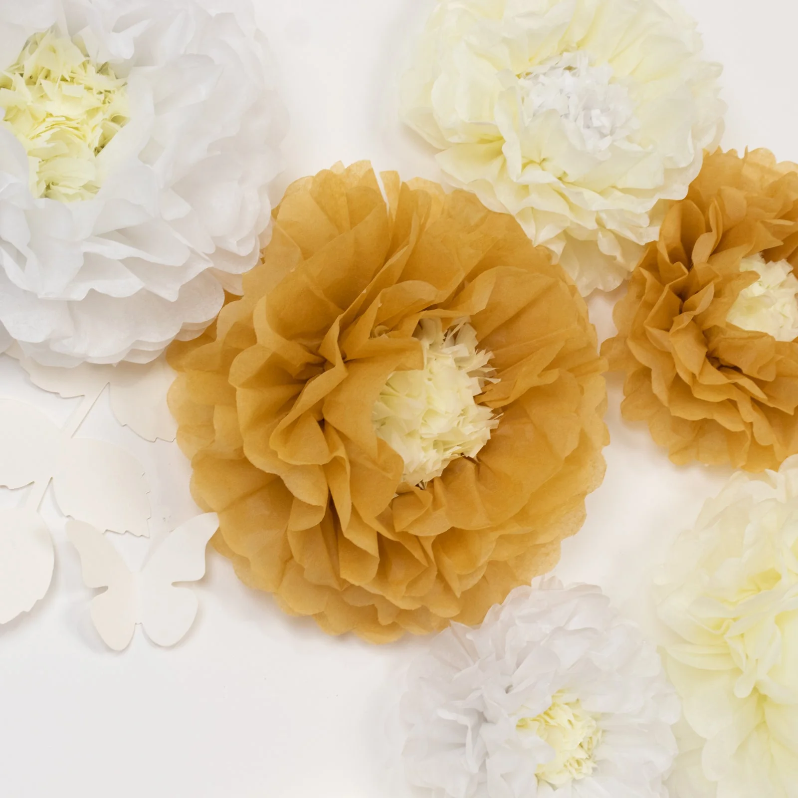 Set of 21 Tissue Paper Pom Poms Decor Kit – White Ivory 3D Chrysanth Floral Wall Decor with Butterflies & Olive Leaves - 8",10",12" - Image 6