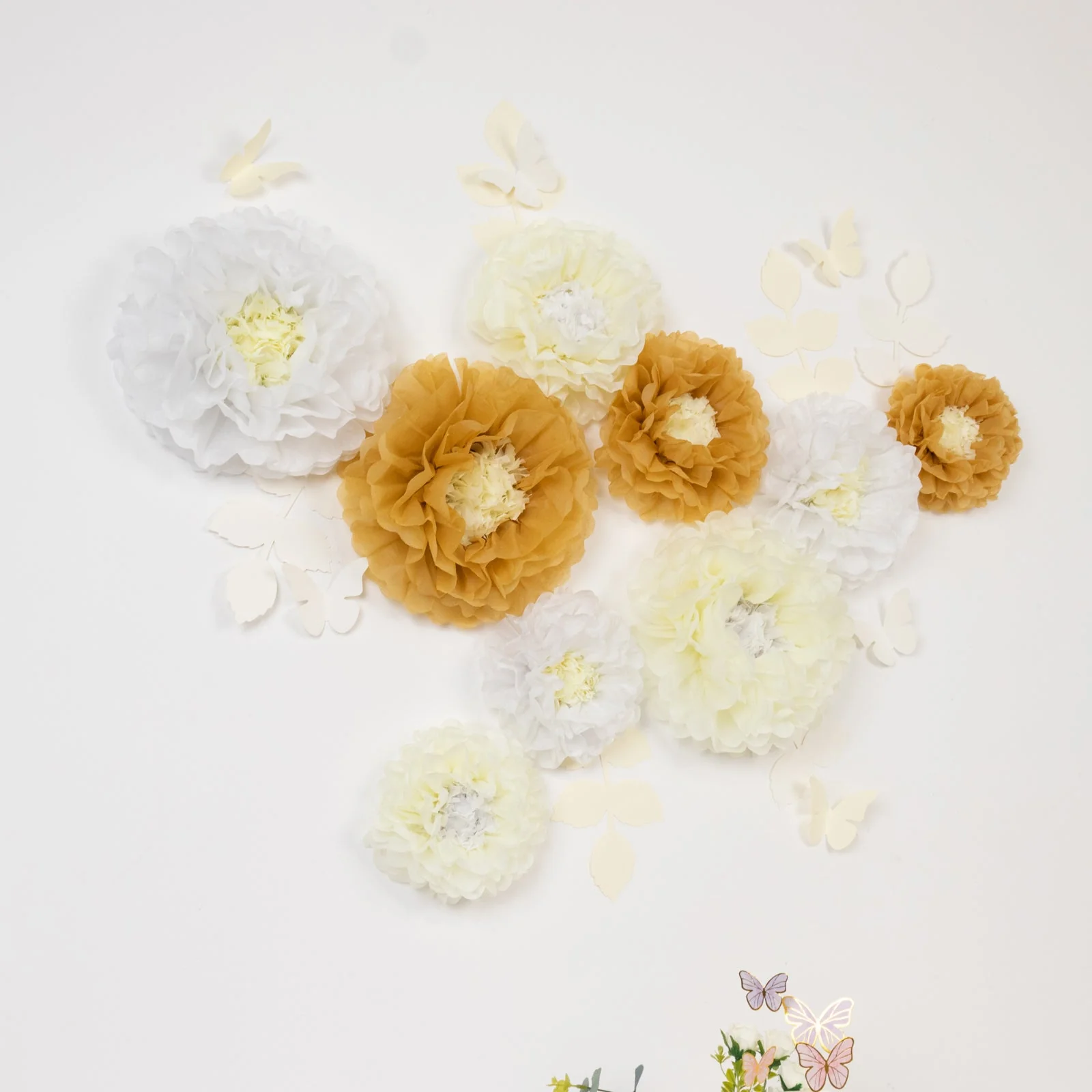 Set of 21 Tissue Paper Pom Poms Decor Kit – White Ivory 3D Chrysanth Floral Wall Decor with Butterflies & Olive Leaves - 8",10",12" - Image 8