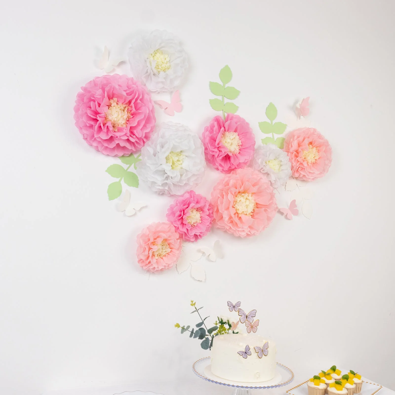 Set of 21 Tissue Paper Pom Poms Decor Kit – White Pink 3D Chrysanth Floral Wall Decor with Butterflies & Olive Leaves - 8",10",12" - Image 2