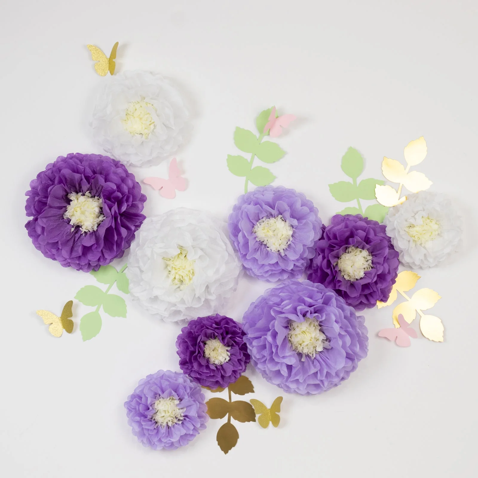 Set of 21 Tissue Paper Pom Poms Decor Kit – White Purple 3D Chrysanth Floral Wall Decor with Butterflies & Olive Leaves - 8",10",12"