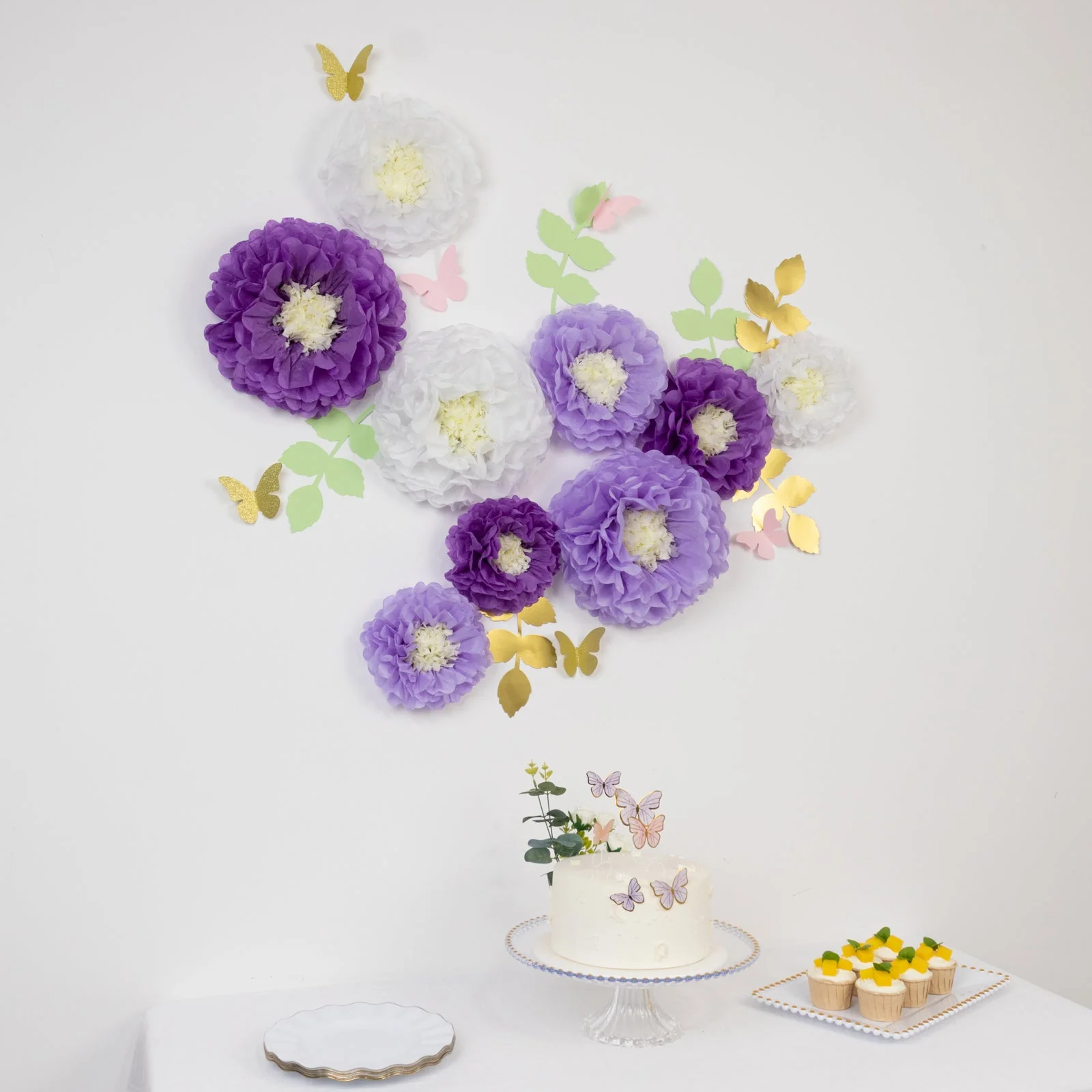 Set of 21 Tissue Paper Pom Poms Decor Kit – White Purple 3D Chrysanth Floral Wall Decor with Butterflies & Olive Leaves - 8",10",12" - Image 2