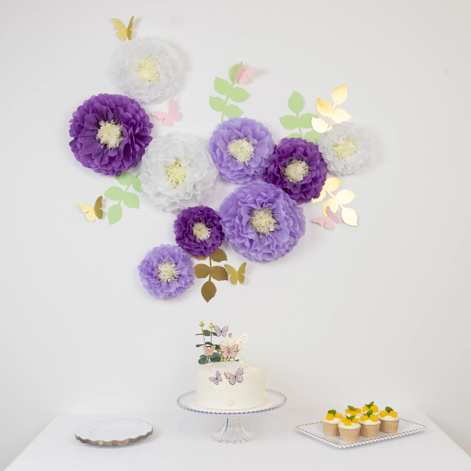 Set of 21 Tissue Paper Pom Poms Decor Kit – White Purple 3D Chrysanth Floral Wall Decor with Butterflies & Olive Leaves - 8",10",12" - Image 3