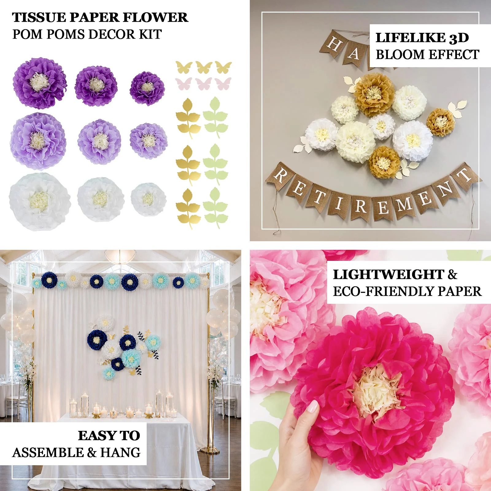 Set of 21 Tissue Paper Pom Poms Decor Kit – White Purple 3D Chrysanth Floral Wall Decor with Butterflies & Olive Leaves - 8",10",12" - Image 4