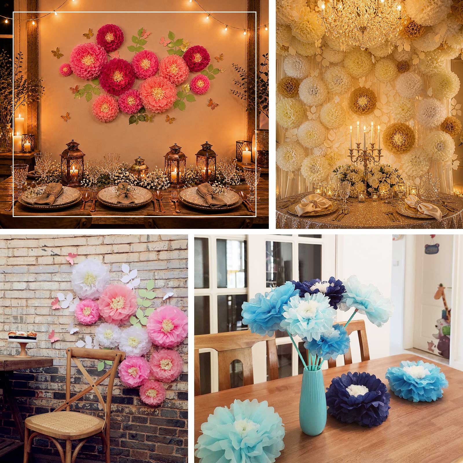 Set of 21 Tissue Paper Pom Poms Decor Kit – White Purple 3D Chrysanth Floral Wall Decor with Butterflies & Olive Leaves - 8",10",12" - Image 5
