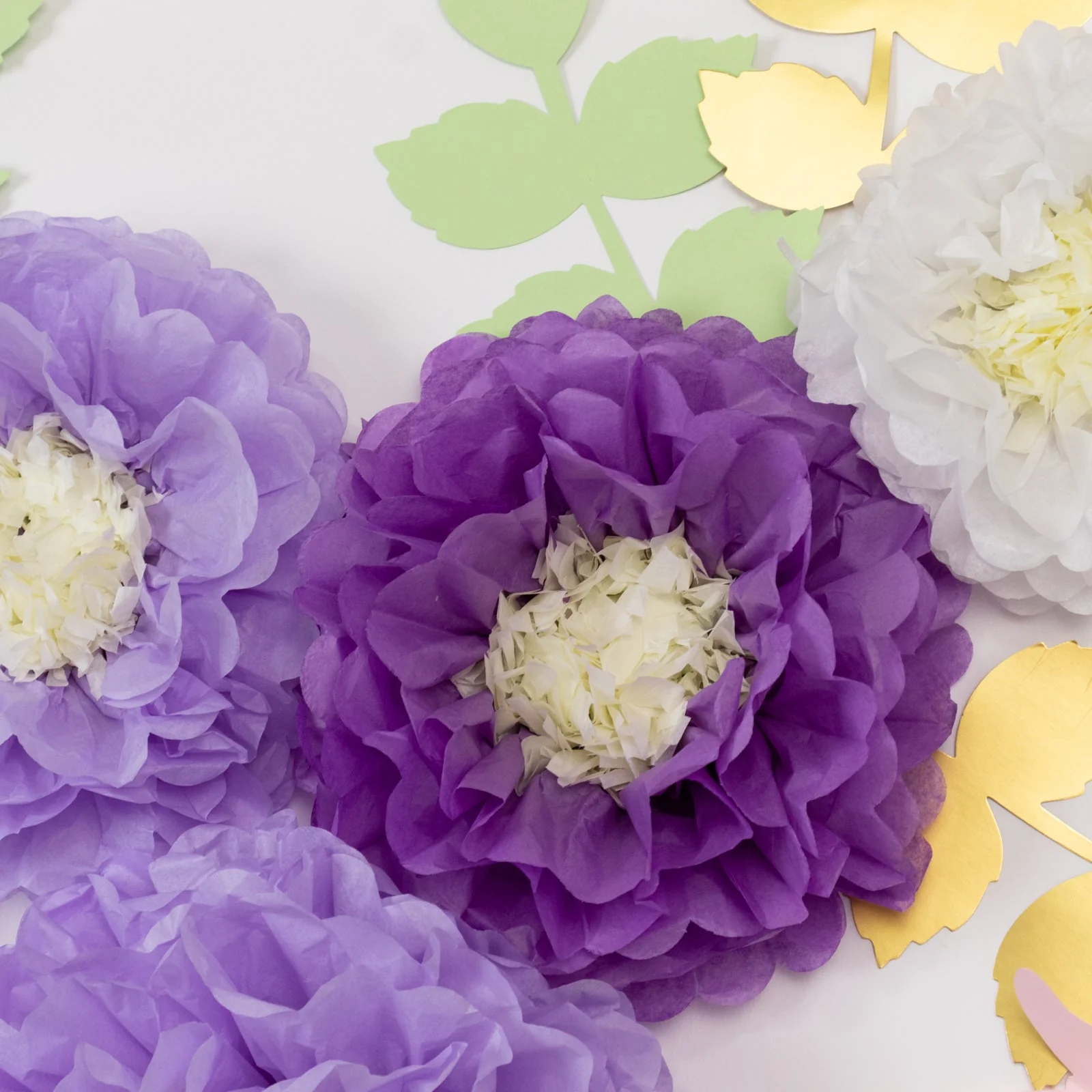 Set of 21 Tissue Paper Pom Poms Decor Kit – White Purple 3D Chrysanth Floral Wall Decor with Butterflies & Olive Leaves - 8",10",12" - Image 6