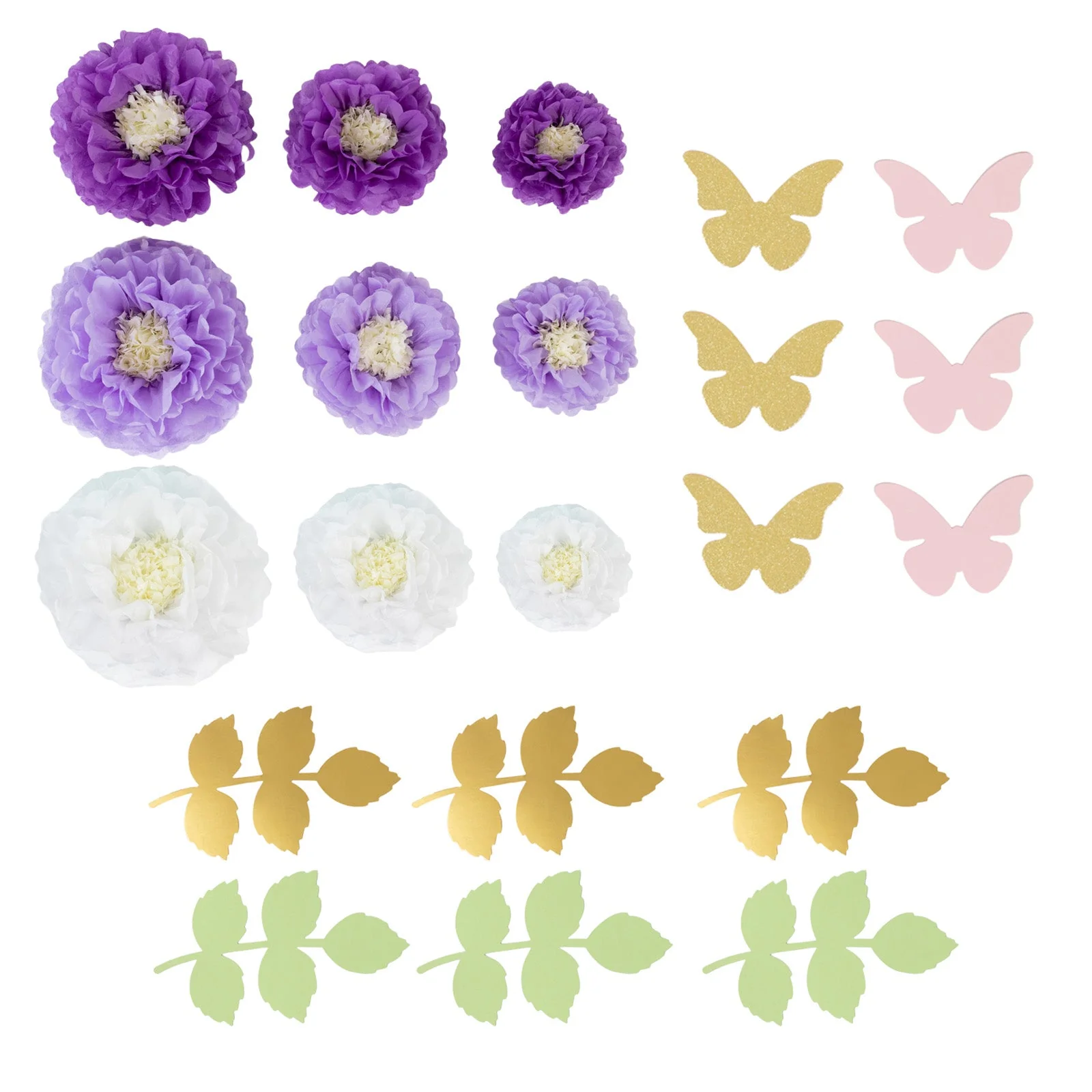 Set of 21 Tissue Paper Pom Poms Decor Kit – White Purple 3D Chrysanth Floral Wall Decor with Butterflies & Olive Leaves - 8",10",12" - Image 7