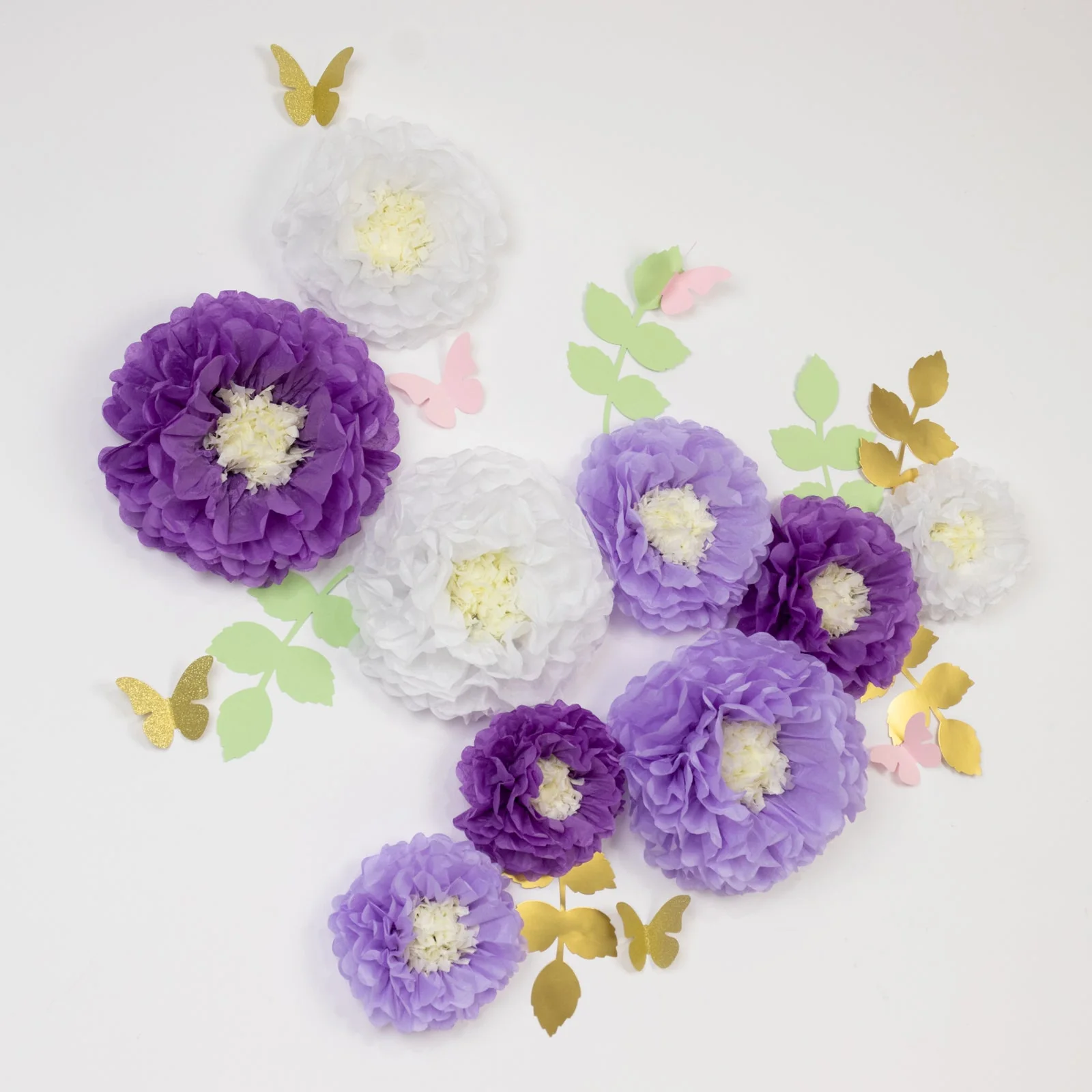 Set of 21 Tissue Paper Pom Poms Decor Kit – White Purple 3D Chrysanth Floral Wall Decor with Butterflies & Olive Leaves - 8",10",12" - Image 8