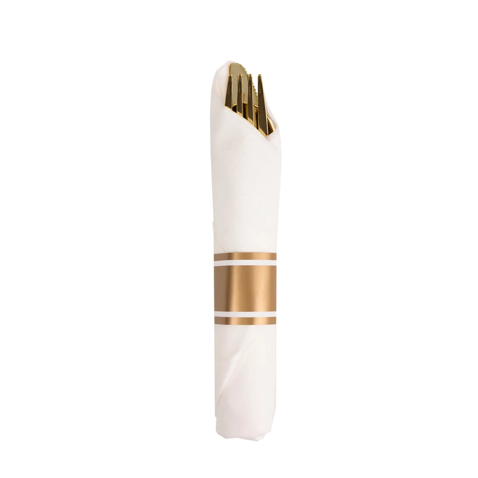 Set of 24 Plastic Silverware with Pre-Rolled White Paper Napkins Gold - Disposable Wrapped Cutlery Set - Image 6