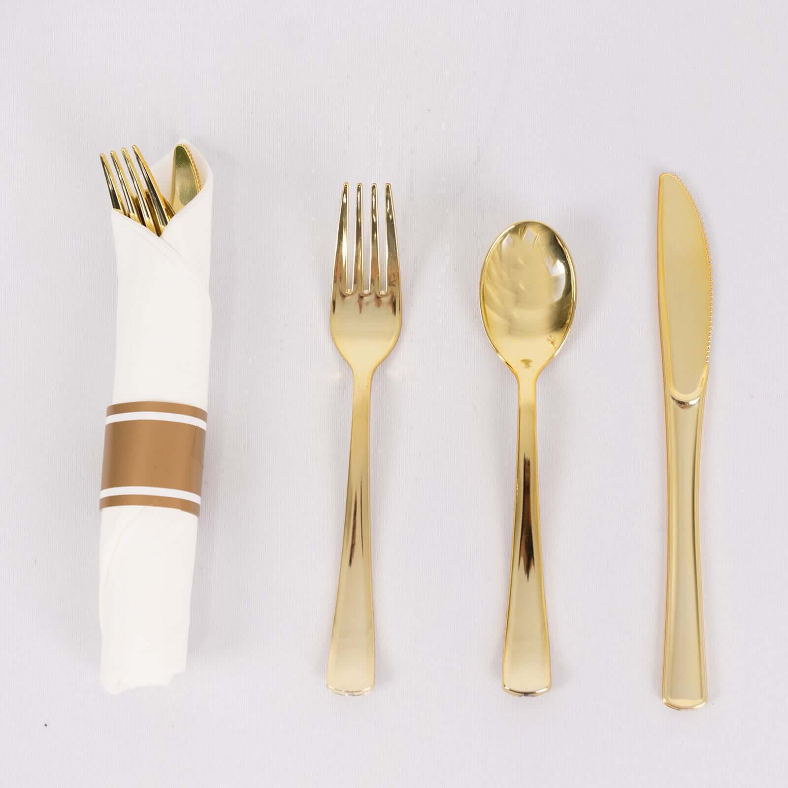 Set of 24 Plastic Silverware with Pre-Rolled White Paper Napkins Gold - Disposable Wrapped Cutlery Set - Image 8