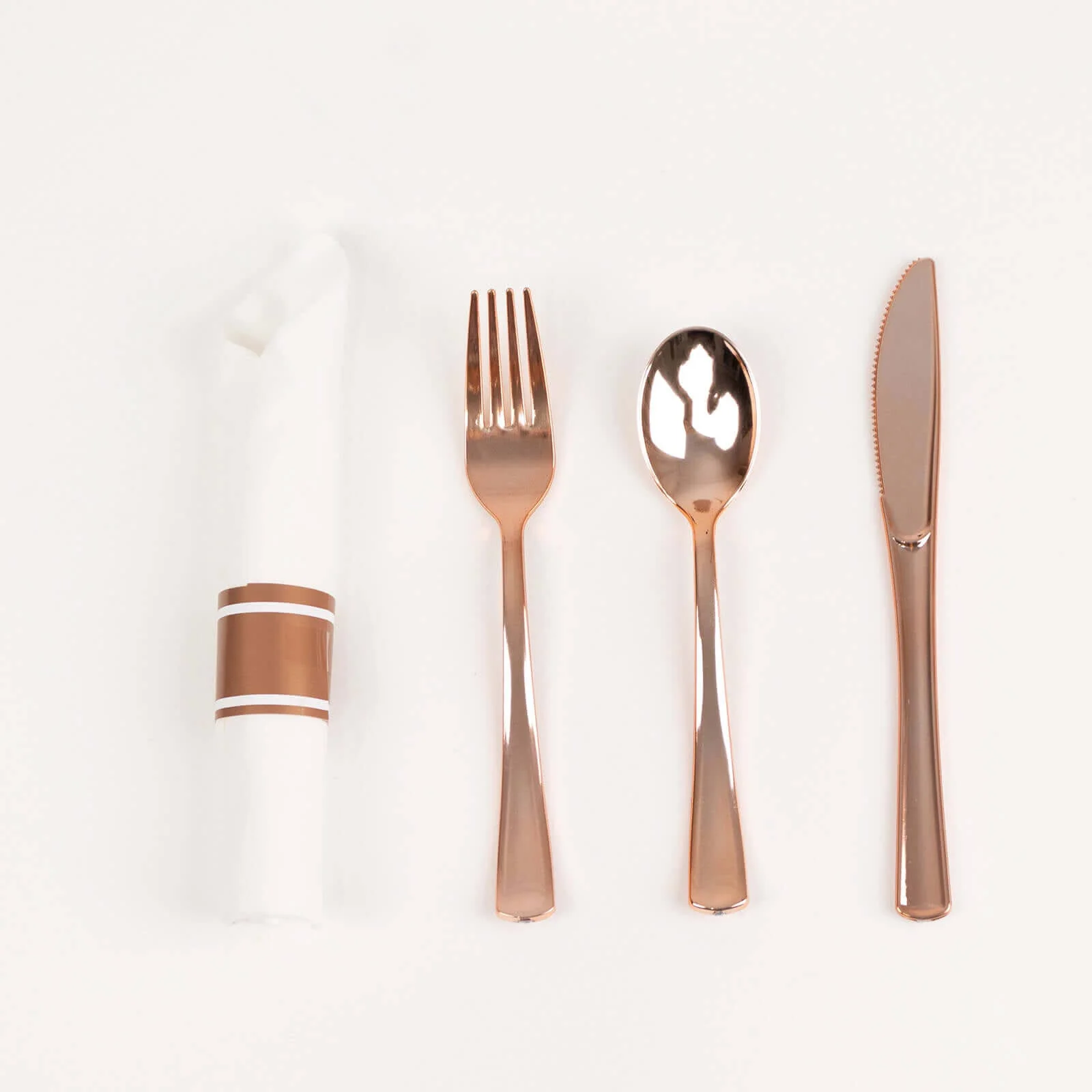 Set of 24 Plastic Silverware with Pre-Rolled White Paper Napkins Rose Gold - Disposable Wrapped Cutlery Set - Image 12
