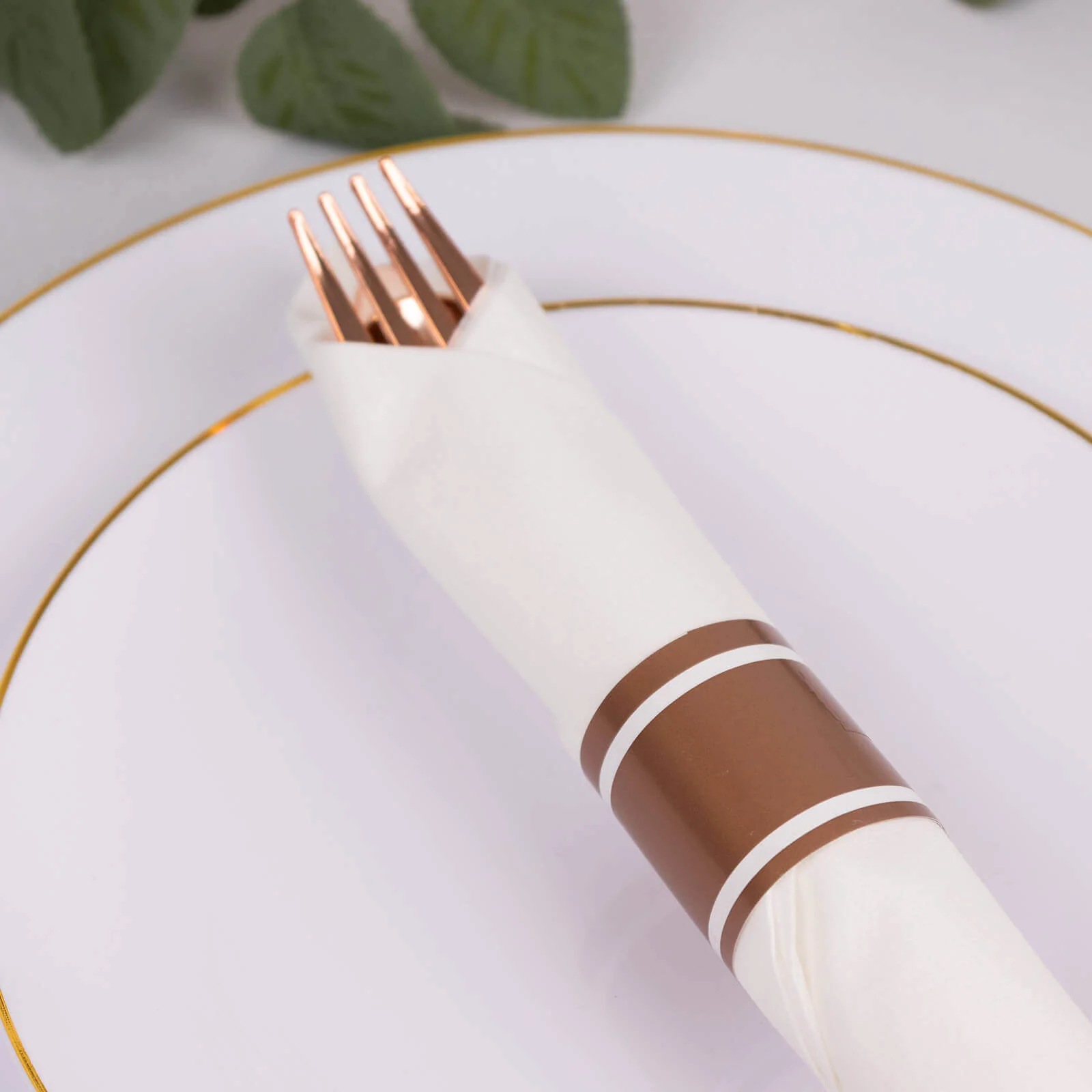 Set of 24 Plastic Silverware with Pre-Rolled White Paper Napkins Rose Gold - Disposable Wrapped Cutlery Set - Image 13