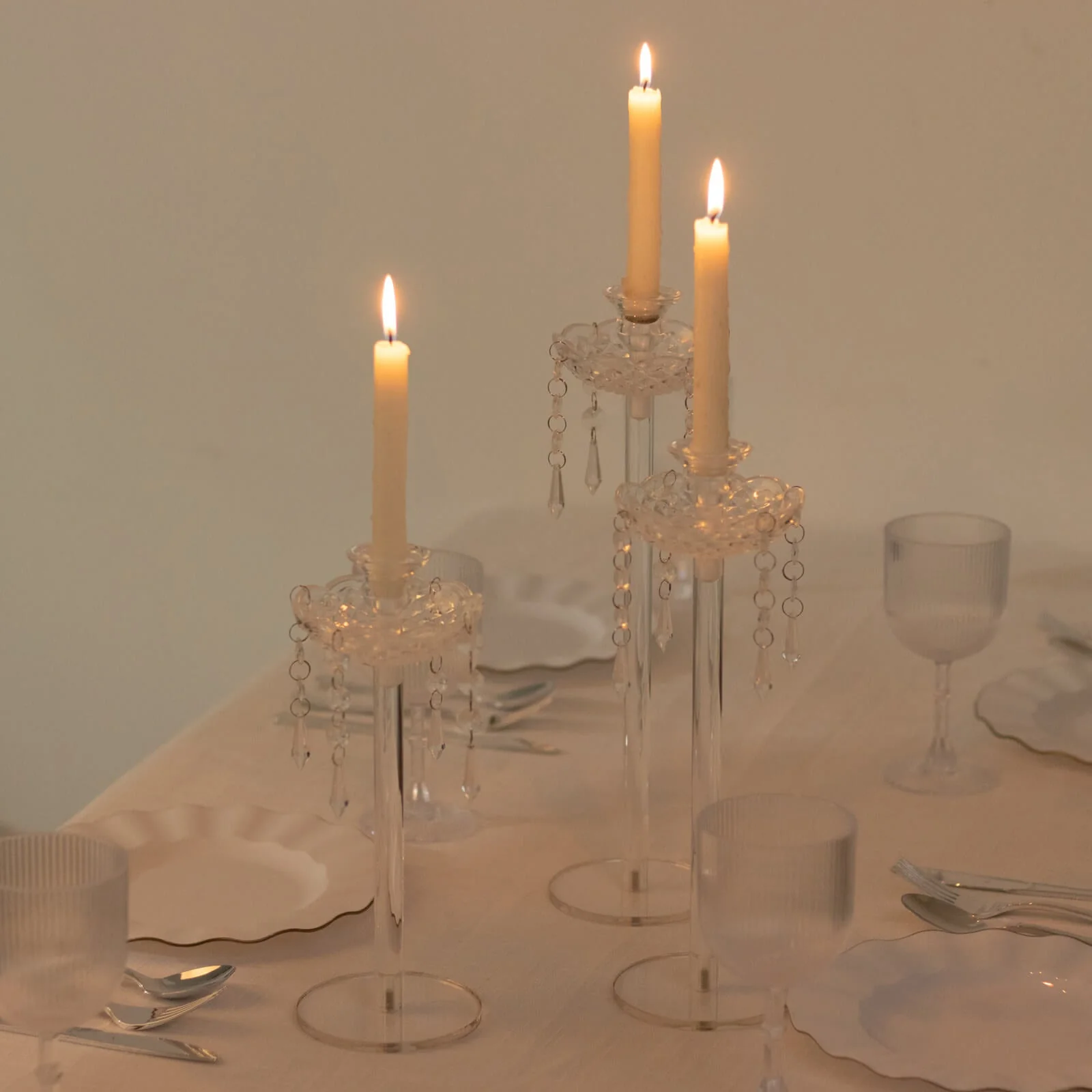 Set of 3 Acrylic Candle Holders with Hanging Bead & Prism Accents – Taper Candlestick Stands - 11",13",15" - Image 5