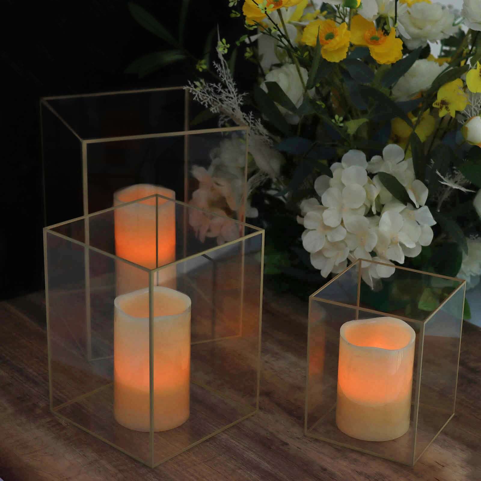 Set of 3 Acrylic Pillar Candle Holders 6", 8", 10" Clear Flower Display Boxes with Gold Rims - Decorative Centerpieces - Image 2