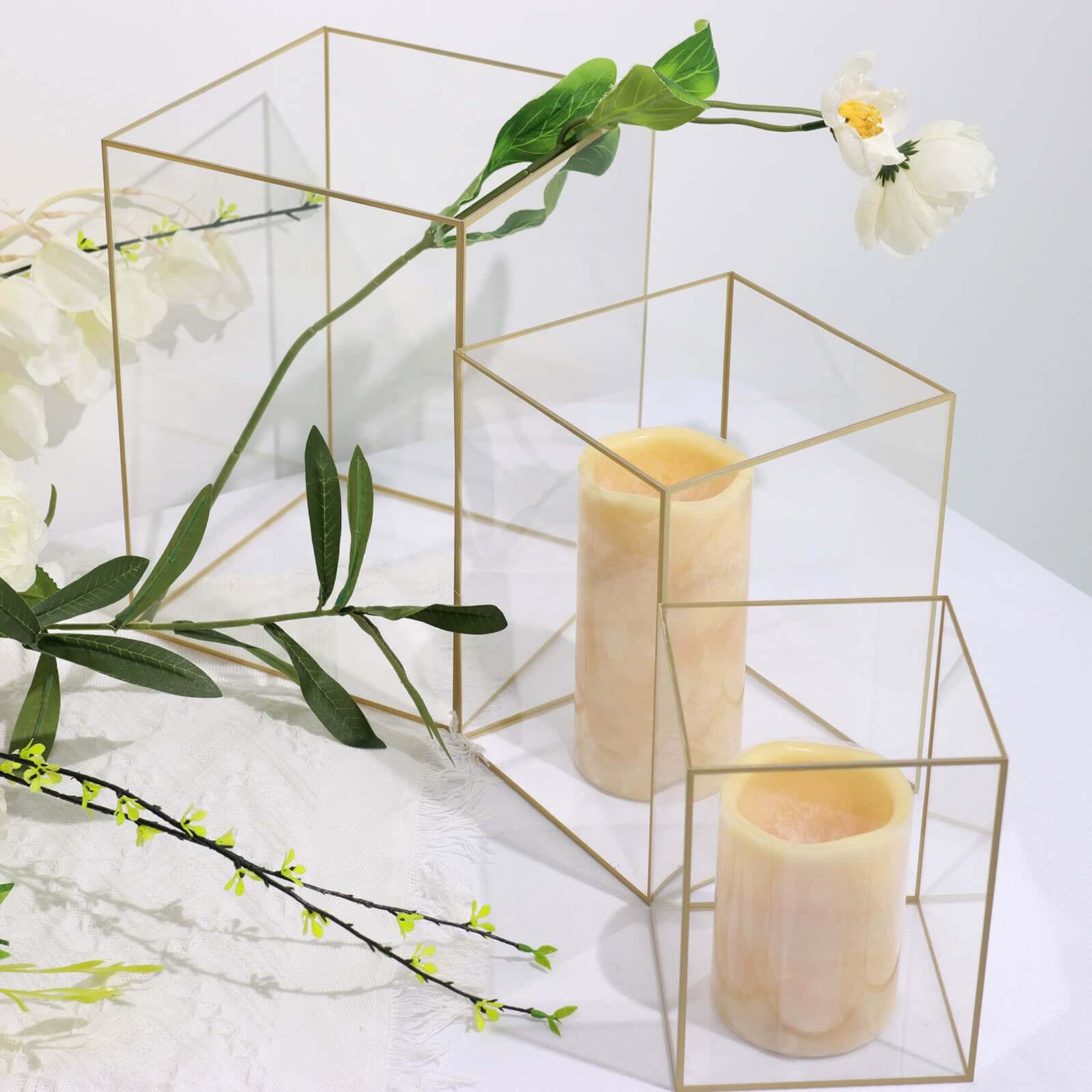 Set of 3 Acrylic Pillar Candle Holders 6", 8", 10" Clear Flower Display Boxes with Gold Rims - Decorative Centerpieces - Image 9