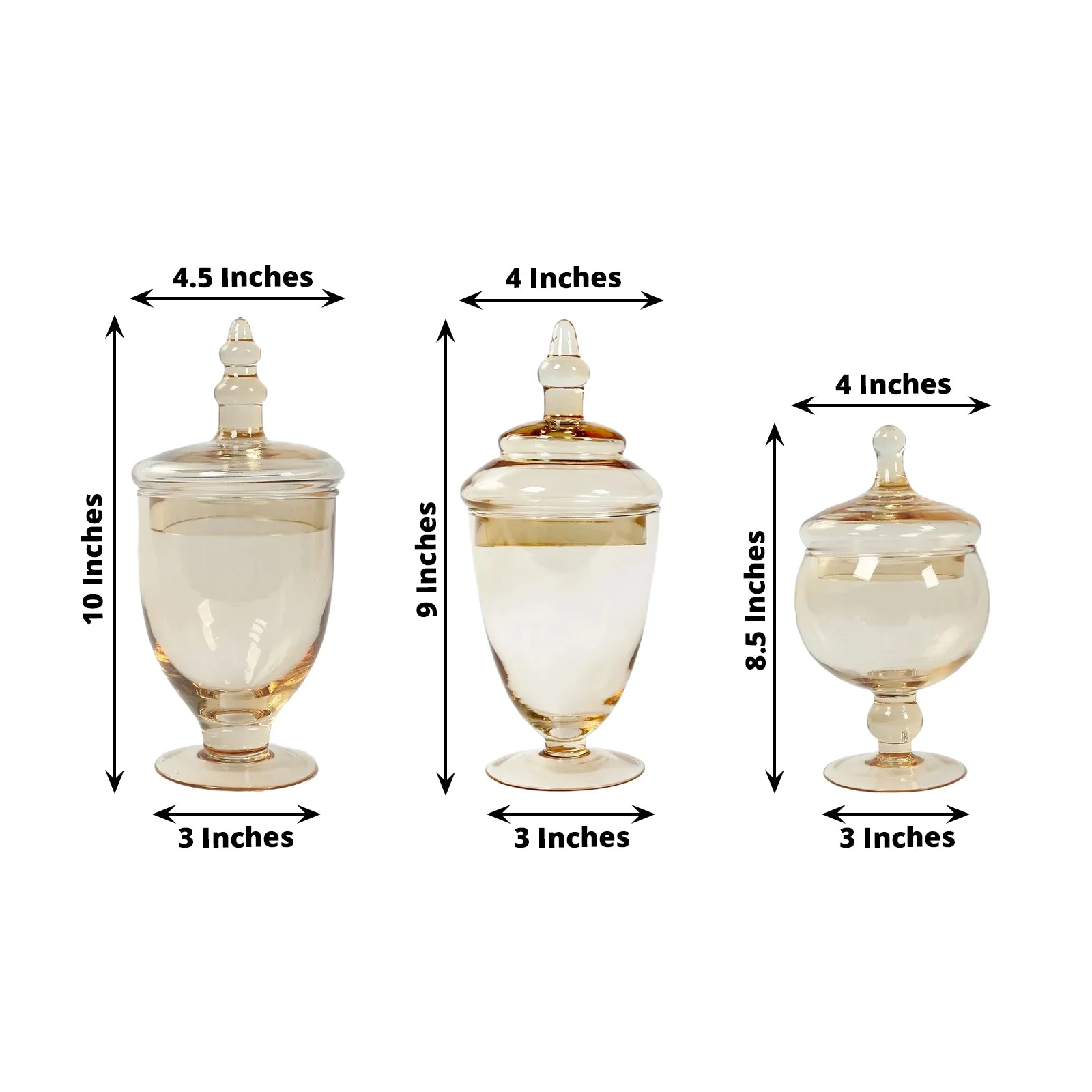 Set of 3 Amber Gold Glass Jars 8.5", 9", 10" Apothecary Design with Snap-On Lids - Decorative Footed Candy Buffet Containers - Image 2