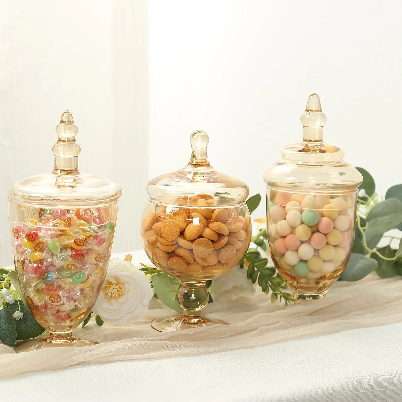 Set of 3 Amber Gold Glass Jars 8.5", 9", 10" Apothecary Design with Snap-On Lids - Decorative Footed Candy Buffet Containers - Image 3