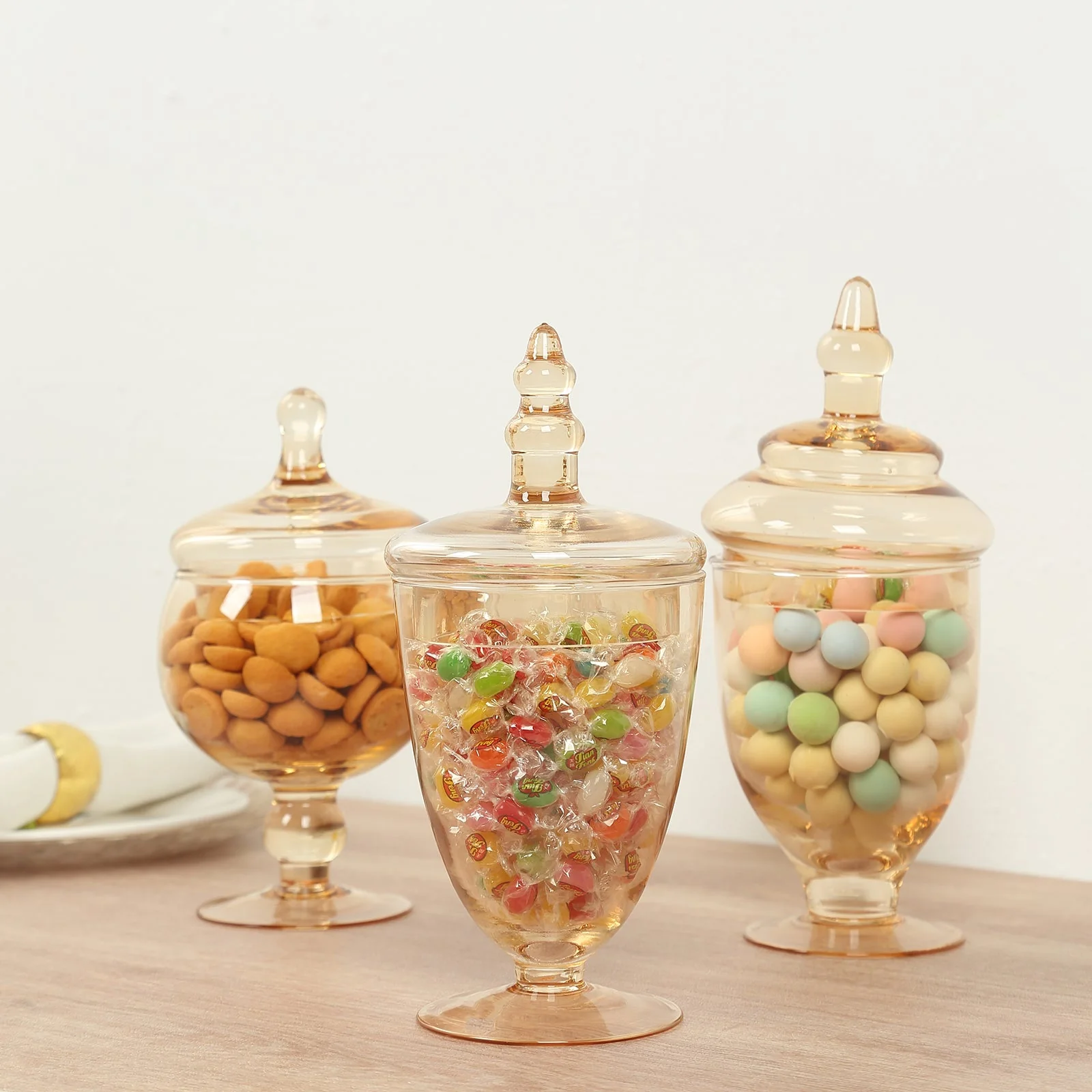 Set of 3 Amber Gold Glass Jars 8.5", 9", 10" Apothecary Design with Snap-On Lids - Decorative Footed Candy Buffet Containers - Image 4