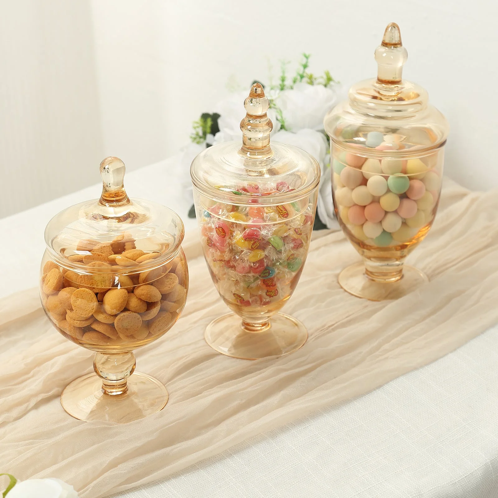 Set of 3 Amber Gold Glass Jars 8.5", 9", 10" Apothecary Design with Snap-On Lids - Decorative Footed Candy Buffet Containers - Image 5