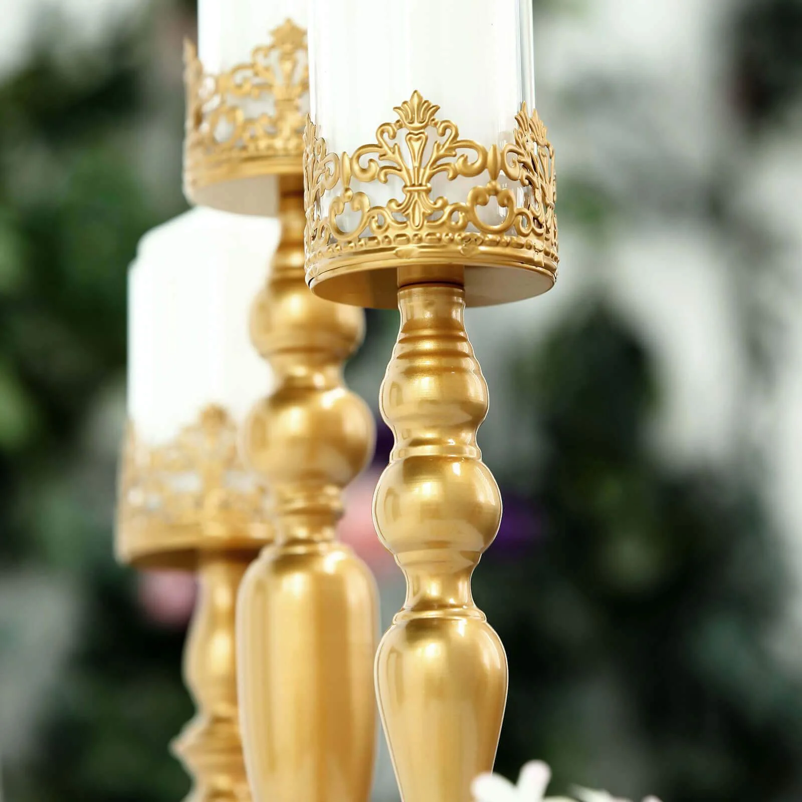 Set of 3 Antique Gold Lace Hurricane Glass Candle Holders 12", 14", 17" - Sophisticated Pillar Candle Stand Set for Decor - Image 10