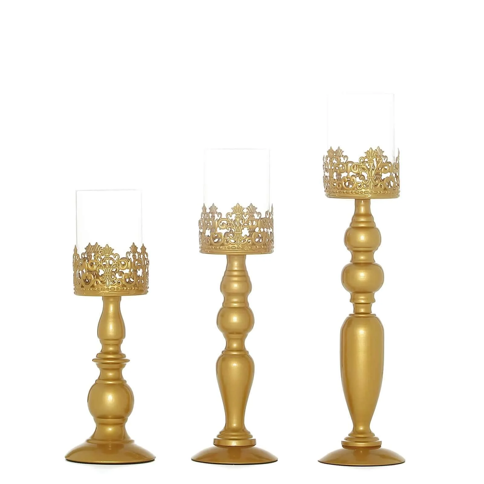 Set of 3 Antique Gold Lace Hurricane Glass Candle Holders 12", 14", 17" - Sophisticated Pillar Candle Stand Set for Decor - Image 7