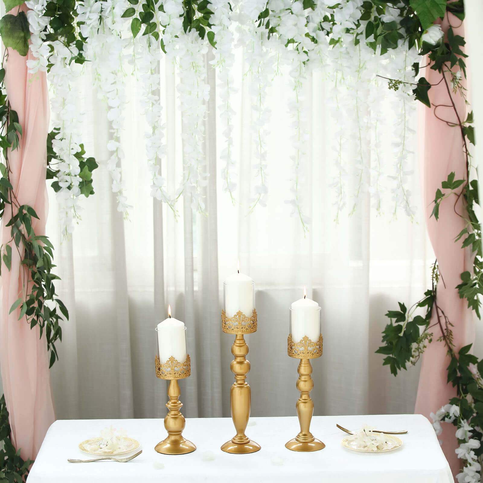 Set of 3 Antique Gold Lace Hurricane Glass Candle Holders 12", 14", 17" - Sophisticated Pillar Candle Stand Set for Decor - Image 8