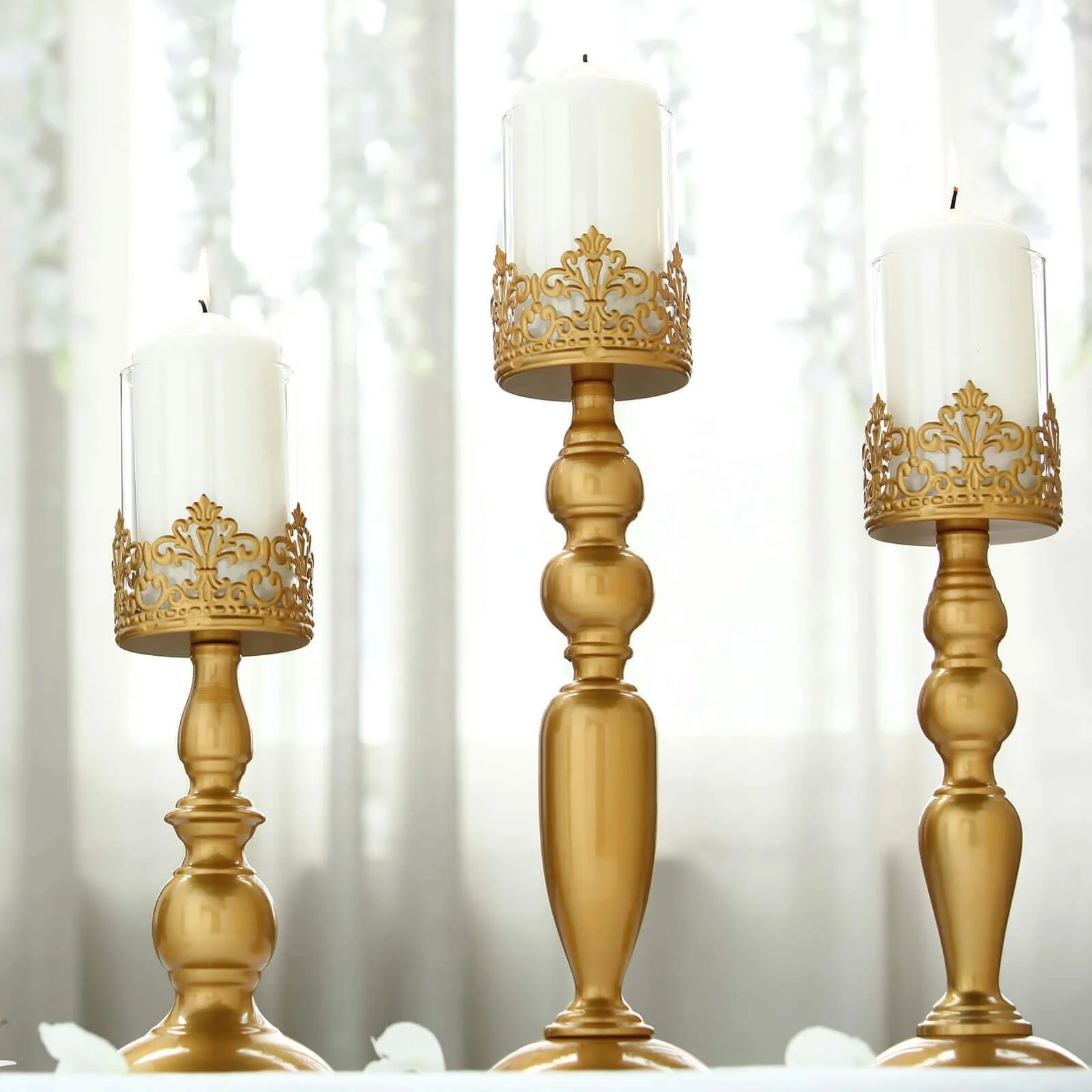 Set of 3 Antique Gold Lace Hurricane Glass Candle Holders 12", 14", 17" - Sophisticated Pillar Candle Stand Set for Decor - Image 9