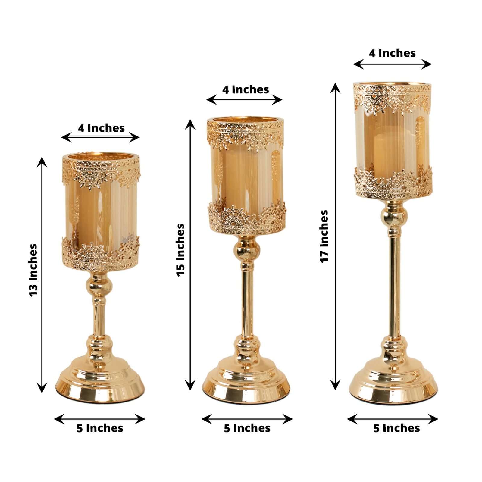 Set of 3 Antique Gold Lace Votive Candle Stands with Hurricane Glass Shades 13", 15", 17" - Chic Pillar Candle Holders - Image 3