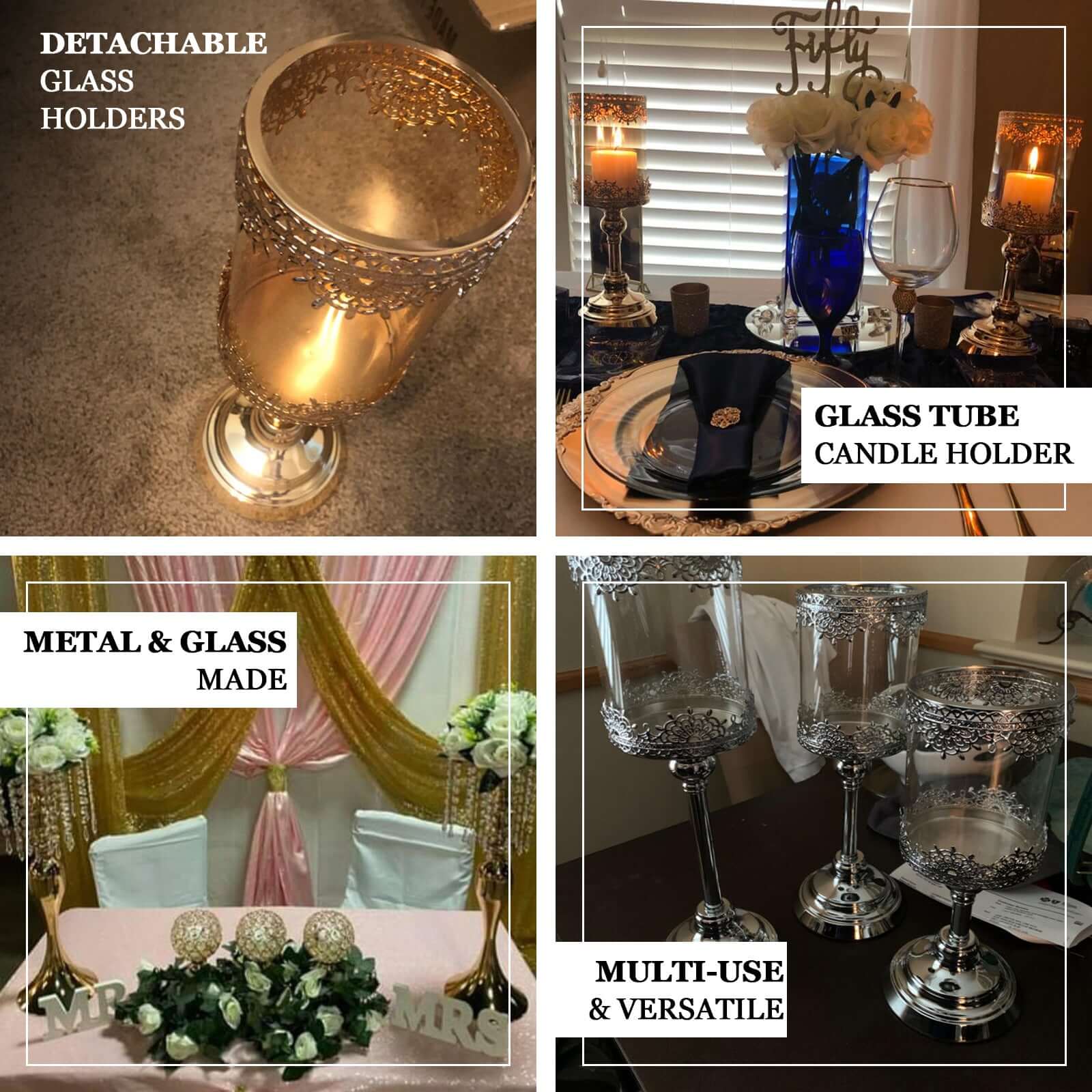 Set of 3 Antique Gold Lace Votive Candle Stands with Hurricane Glass Shades 13", 15", 17" - Chic Pillar Candle Holders - Image 4