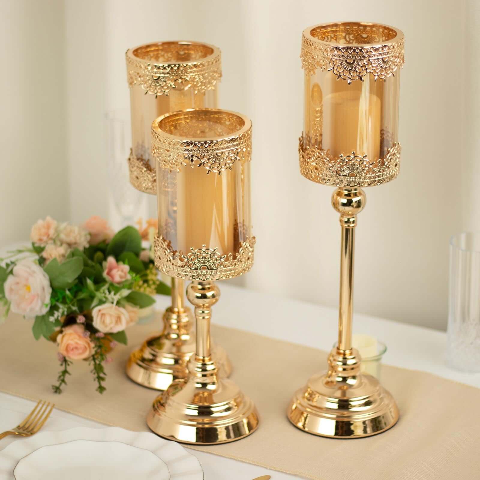 Set of 3 Antique Gold Lace Votive Candle Stands with Hurricane Glass Shades 13", 15", 17" - Chic Pillar Candle Holders - Image 6