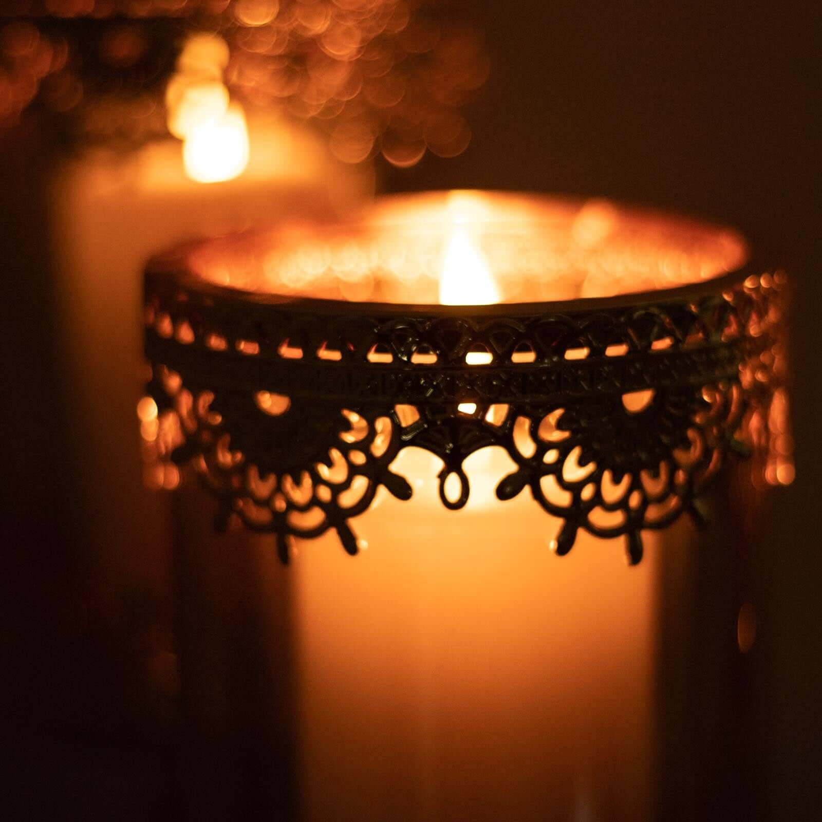 Set of 3 Antique Gold Lace Votive Candle Stands with Hurricane Glass Shades 13", 15", 17" - Chic Pillar Candle Holders - Image 8