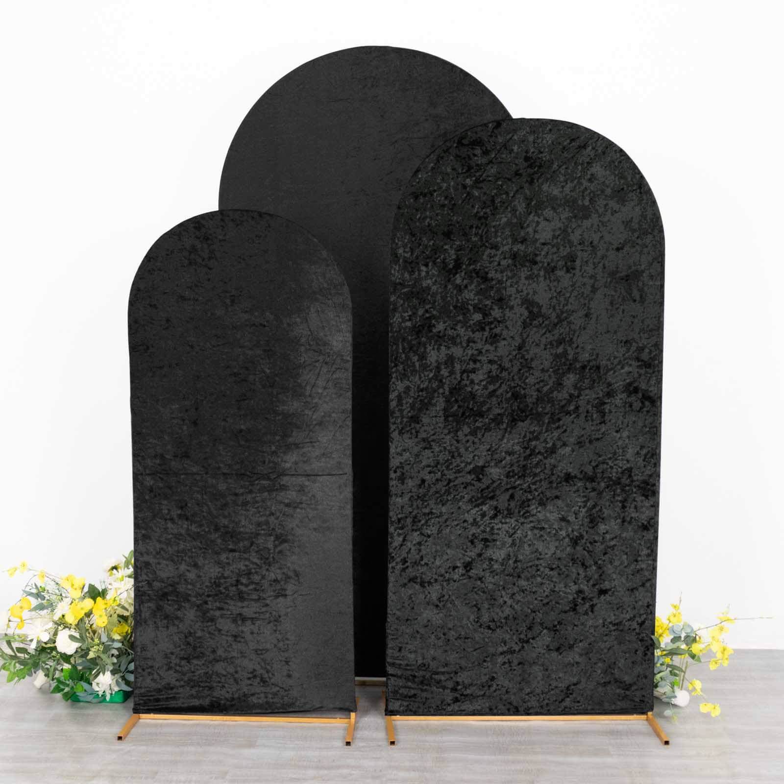 Set of 3 Black Crushed Velvet Chiara Wedding Arch Covers For Round Top Backdrop Stands 5ft, 6ft, 7ft - Image 6