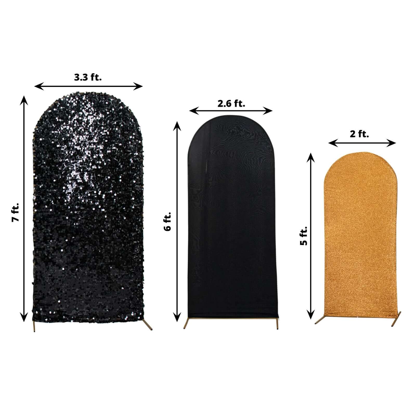 Set of 3 Black / Gold Round Top Fitted Backdrop Stand Covers, Big Payette Sequin, Shimmer Tinsel and Matte Spandex Wedding Arch Frame Covers - Image 3