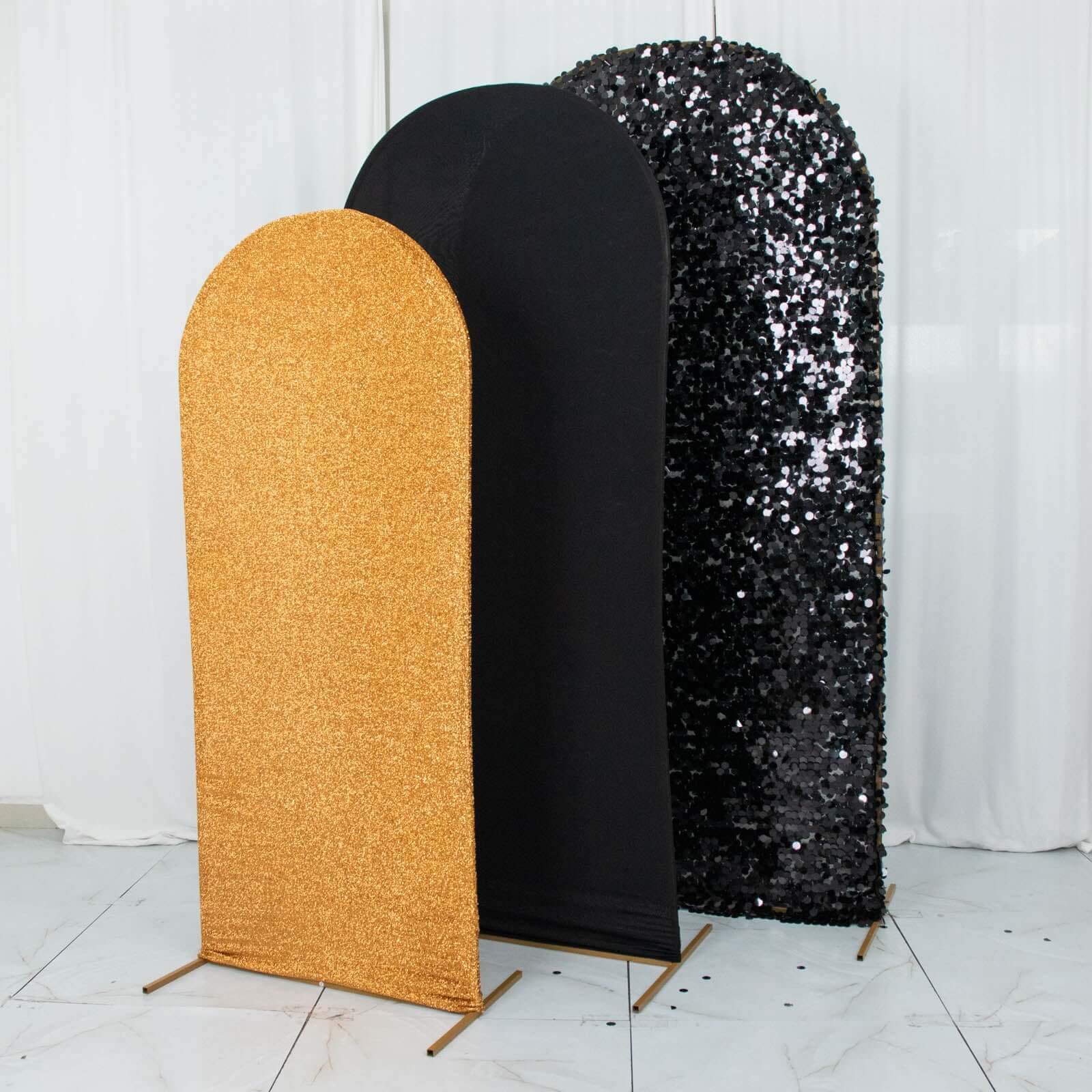 Set of 3 Black / Gold Round Top Fitted Backdrop Stand Covers, Big Payette Sequin, Shimmer Tinsel and Matte Spandex Wedding Arch Frame Covers - Image 4
