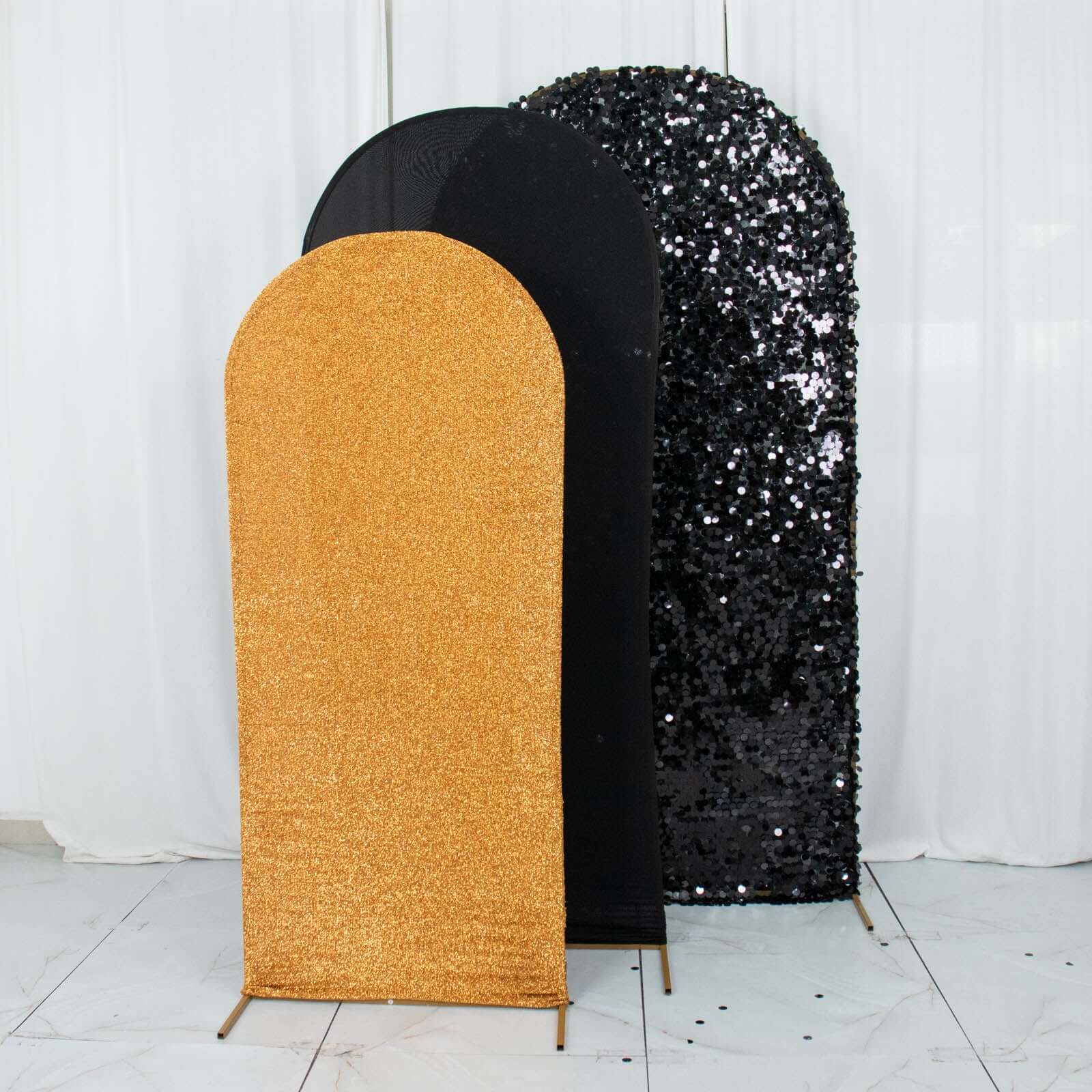 Set of 3 Black / Gold Round Top Fitted Backdrop Stand Covers, Big Payette Sequin, Shimmer Tinsel and Matte Spandex Wedding Arch Frame Covers - Image 5