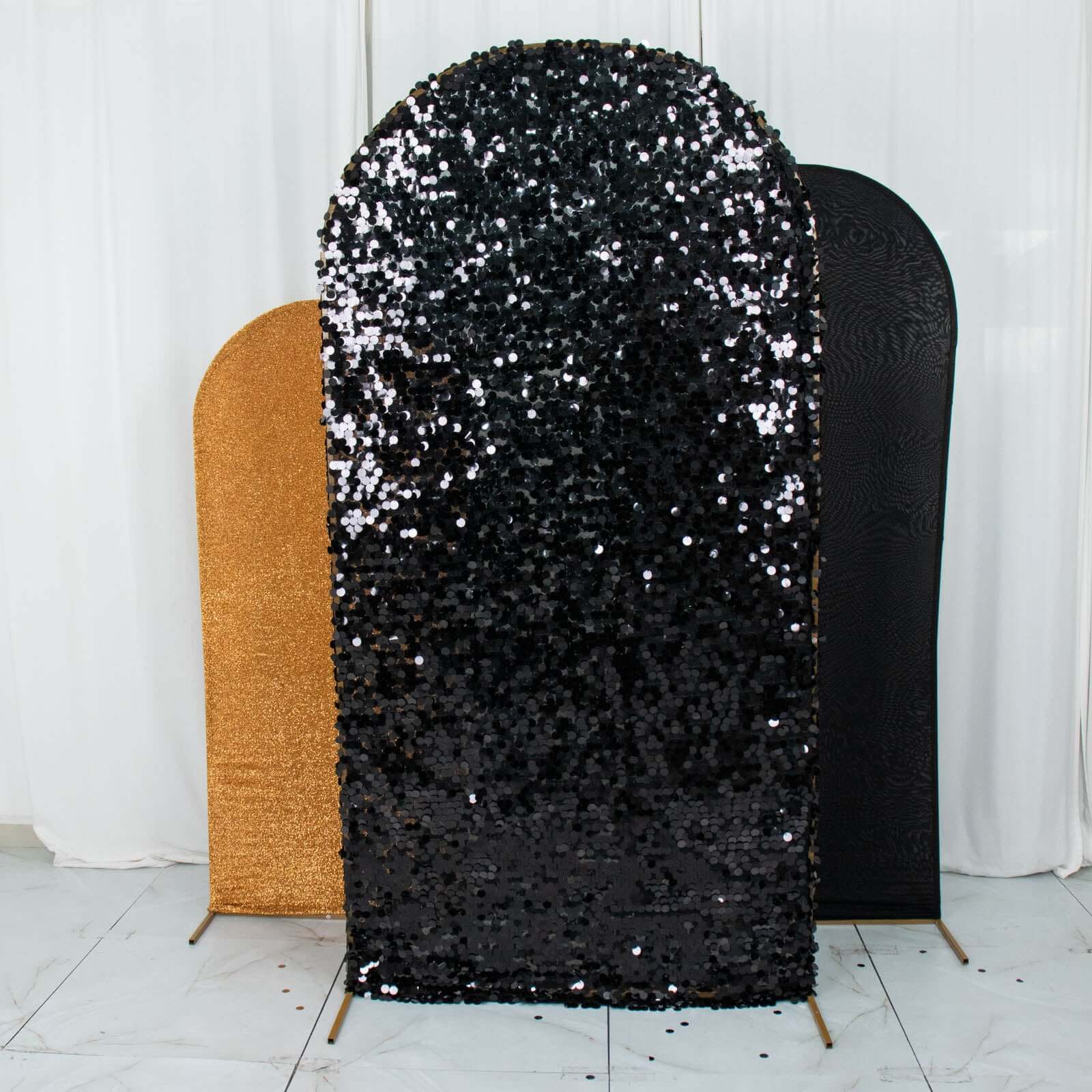 Set of 3 Black / Gold Round Top Fitted Backdrop Stand Covers, Big Payette Sequin, Shimmer Tinsel and Matte Spandex Wedding Arch Frame Covers - Image 7