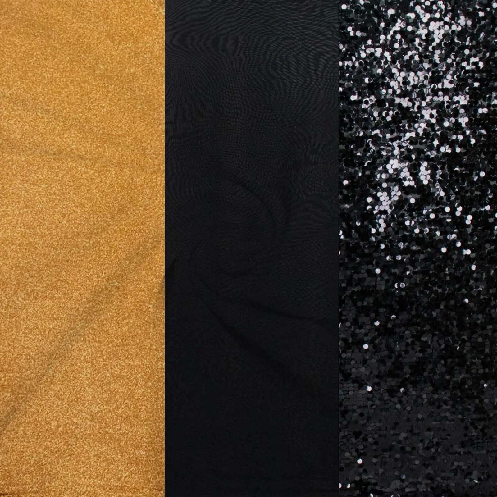 Set of 3 Black / Gold Round Top Fitted Backdrop Stand Covers, Big Payette Sequin, Shimmer Tinsel and Matte Spandex Wedding Arch Frame Covers - Image 8