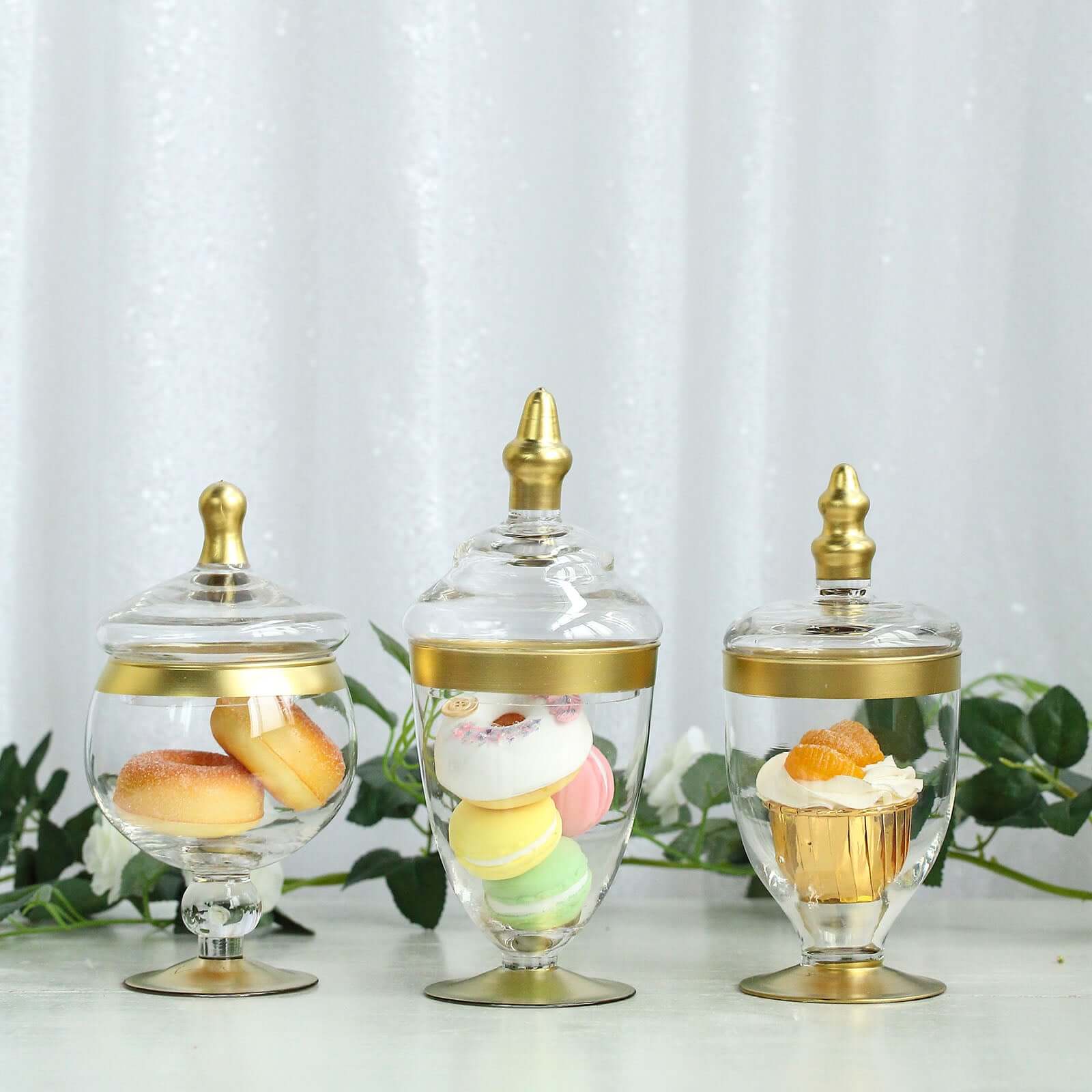 Set of 3 Clear Glass Jars 8.5", 9", 10" Apothecary Design with Gold Trim and Snap-On Lids - Decorative Footed Candy Buffet Containers - Image 2