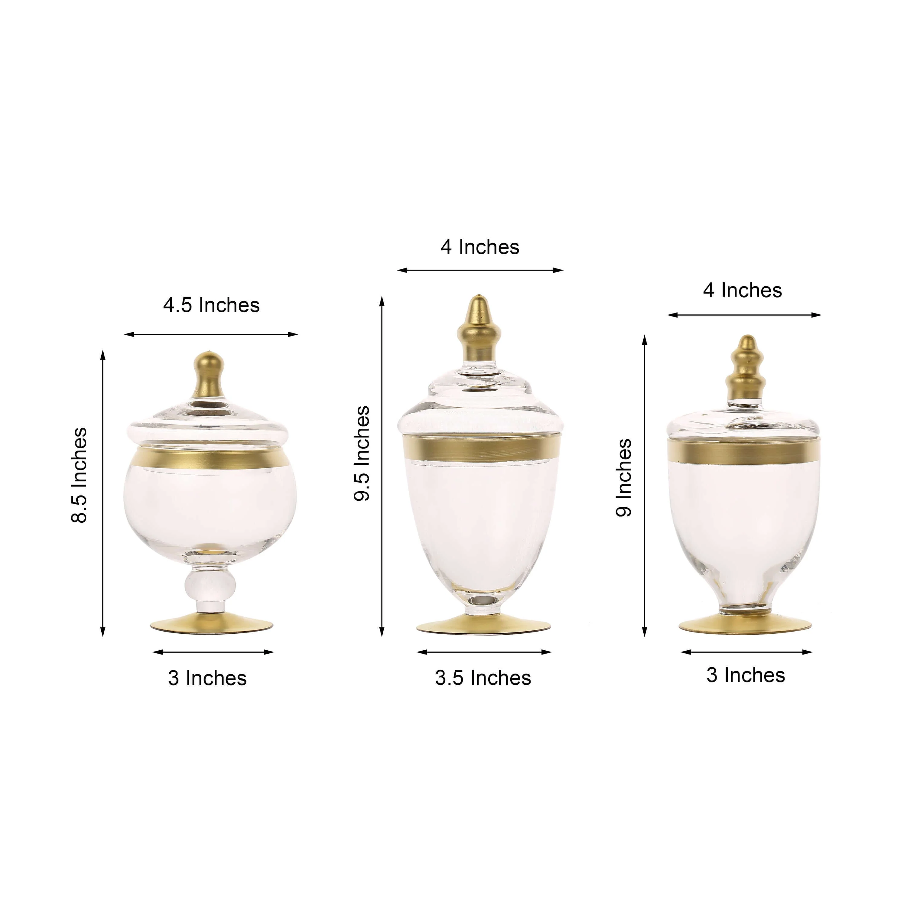 Set of 3 Clear Glass Jars 8.5", 9", 10" Apothecary Design with Gold Trim and Snap-On Lids - Decorative Footed Candy Buffet Containers - Image 3