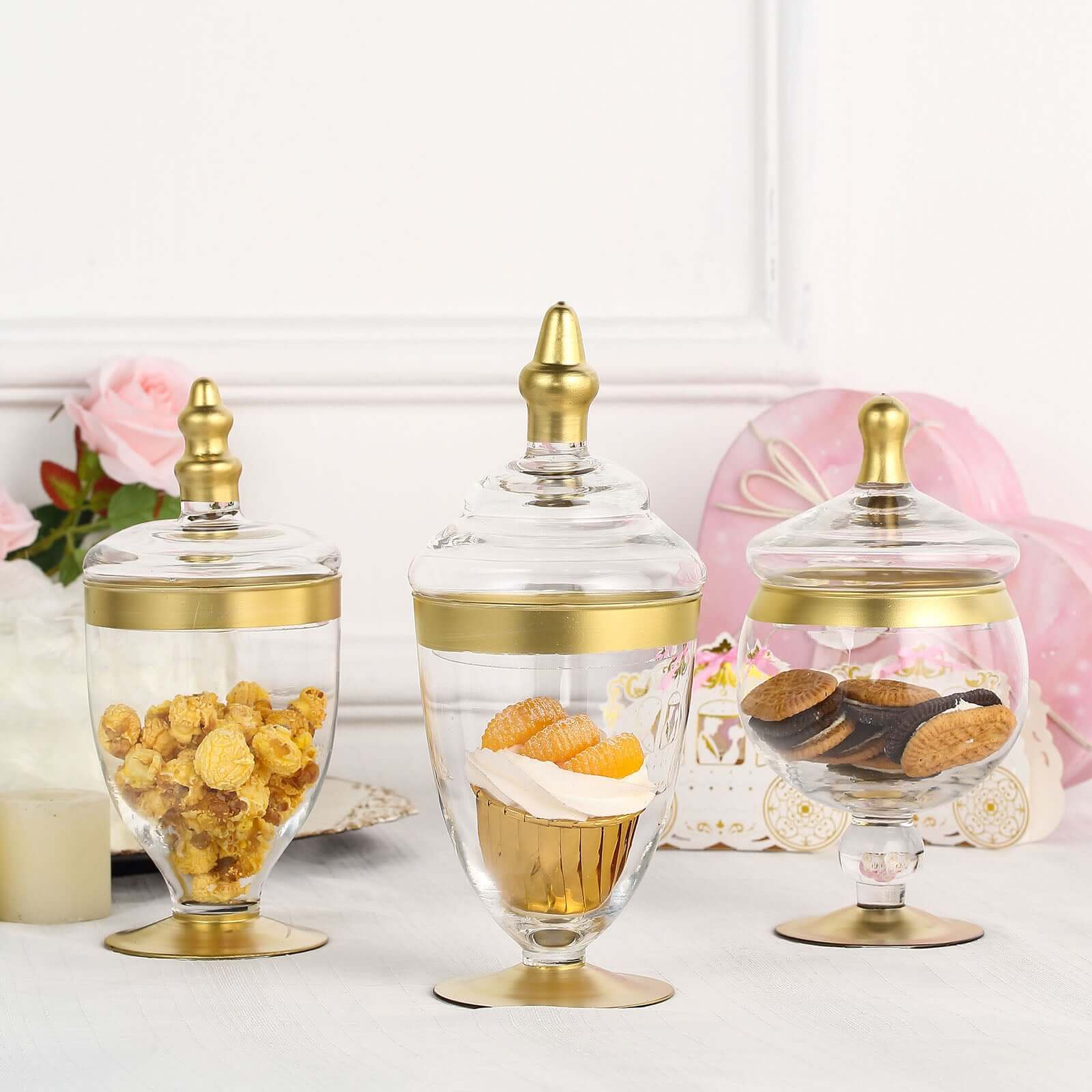 Set of 3 Clear Glass Jars 8.5", 9", 10" Apothecary Design with Gold Trim and Snap-On Lids - Decorative Footed Candy Buffet Containers - Image 4