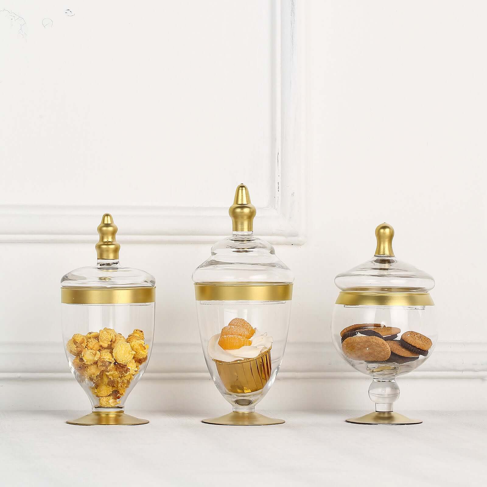Set of 3 Clear Glass Jars 8.5", 9", 10" Apothecary Design with Gold Trim and Snap-On Lids - Decorative Footed Candy Buffet Containers - Image 5
