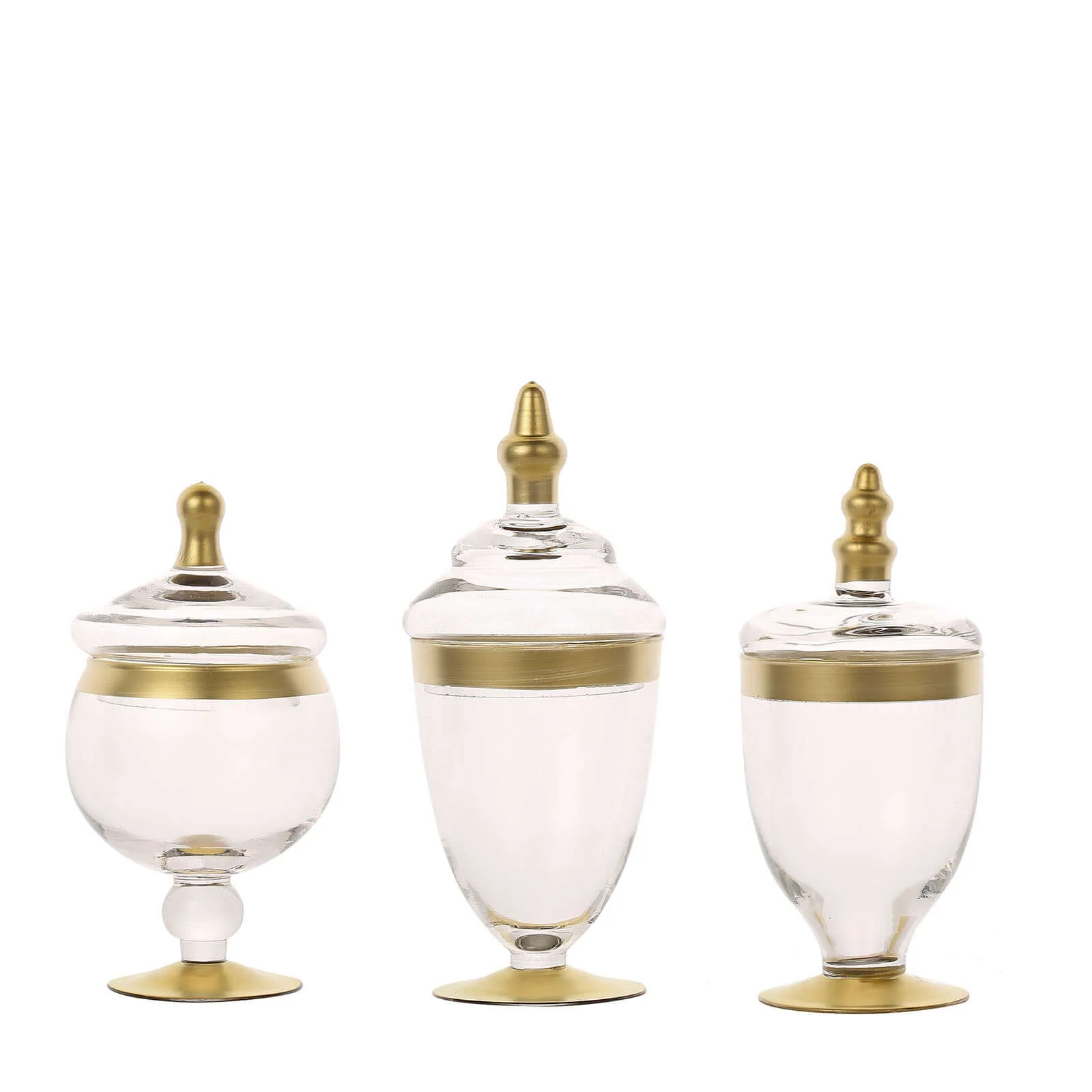 Set of 3 Clear Glass Jars 8.5", 9", 10" Apothecary Design with Gold Trim and Snap-On Lids - Decorative Footed Candy Buffet Containers - Image 6