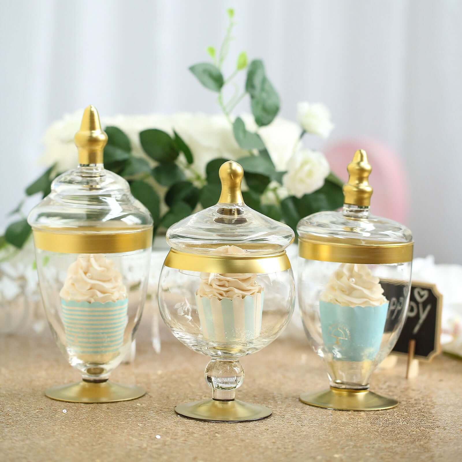 Set of 3 Clear Glass Jars 8.5", 9", 10" Apothecary Design with Gold Trim and Snap-On Lids - Decorative Footed Candy Buffet Containers - Image 7