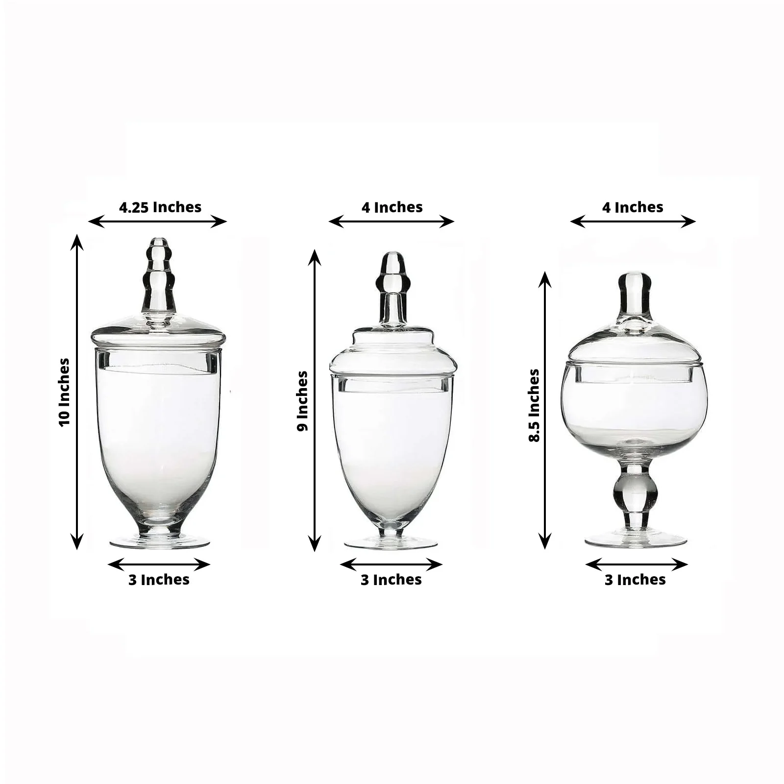 Set of 3 Clear Glass Jars 8.5", 9", 10" Apothecary Design with Snap-On Lids - Decorative Footed Candy Buffet Containers - Image 3
