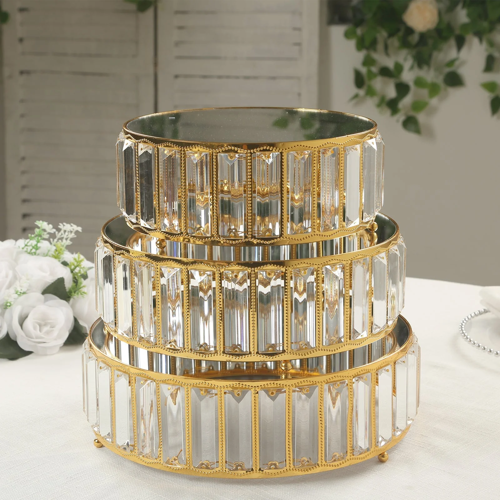 Set of 3 Crystal Pendant Gold Metal Cake Stands, Stackable Round Dessert Display Trays with Mirror Top - 9",11",12" - Image 10