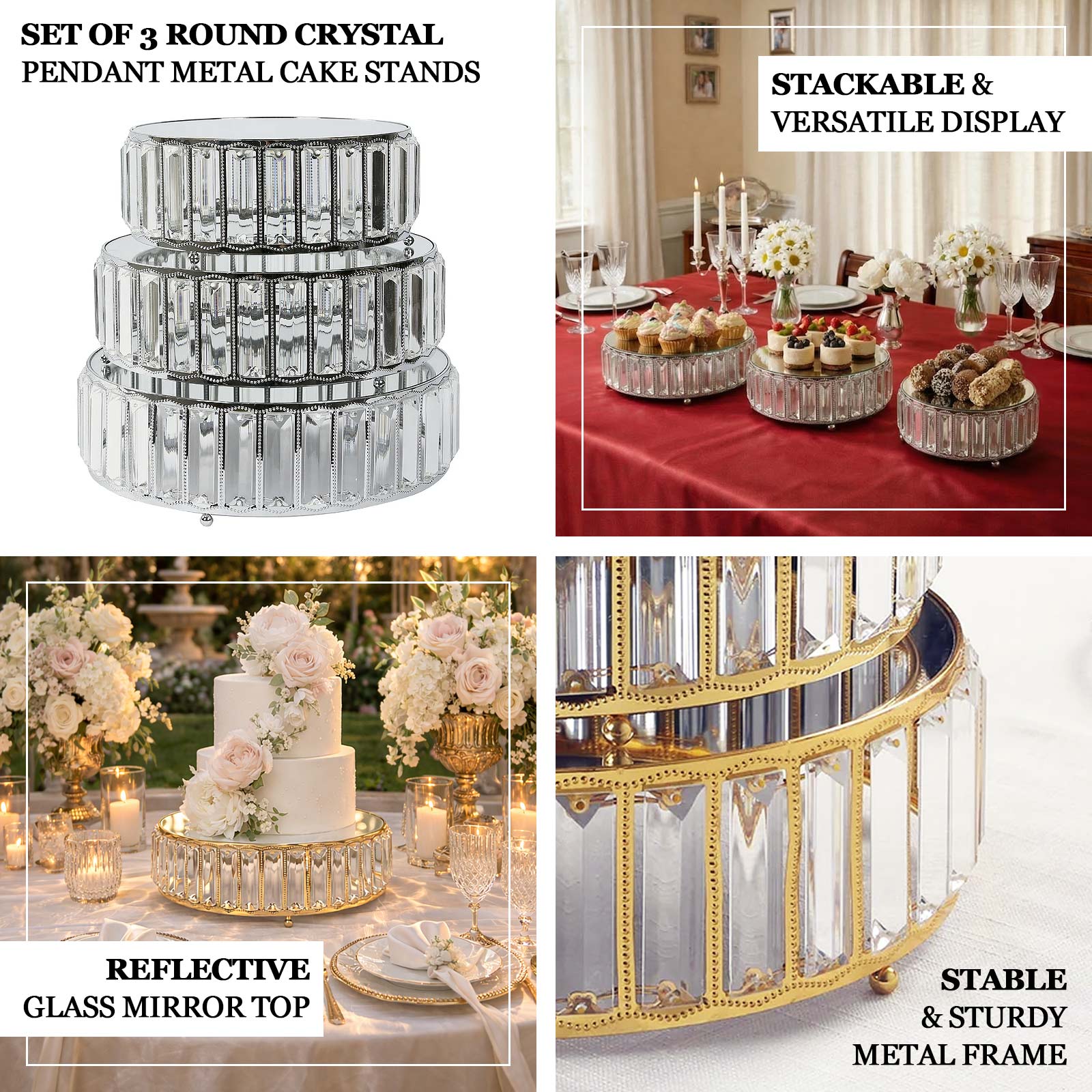 Set of 3 Crystal Pendant Gold Metal Cake Stands, Stackable Round Dessert Display Trays with Mirror Top - 9",11",12" - Image 3