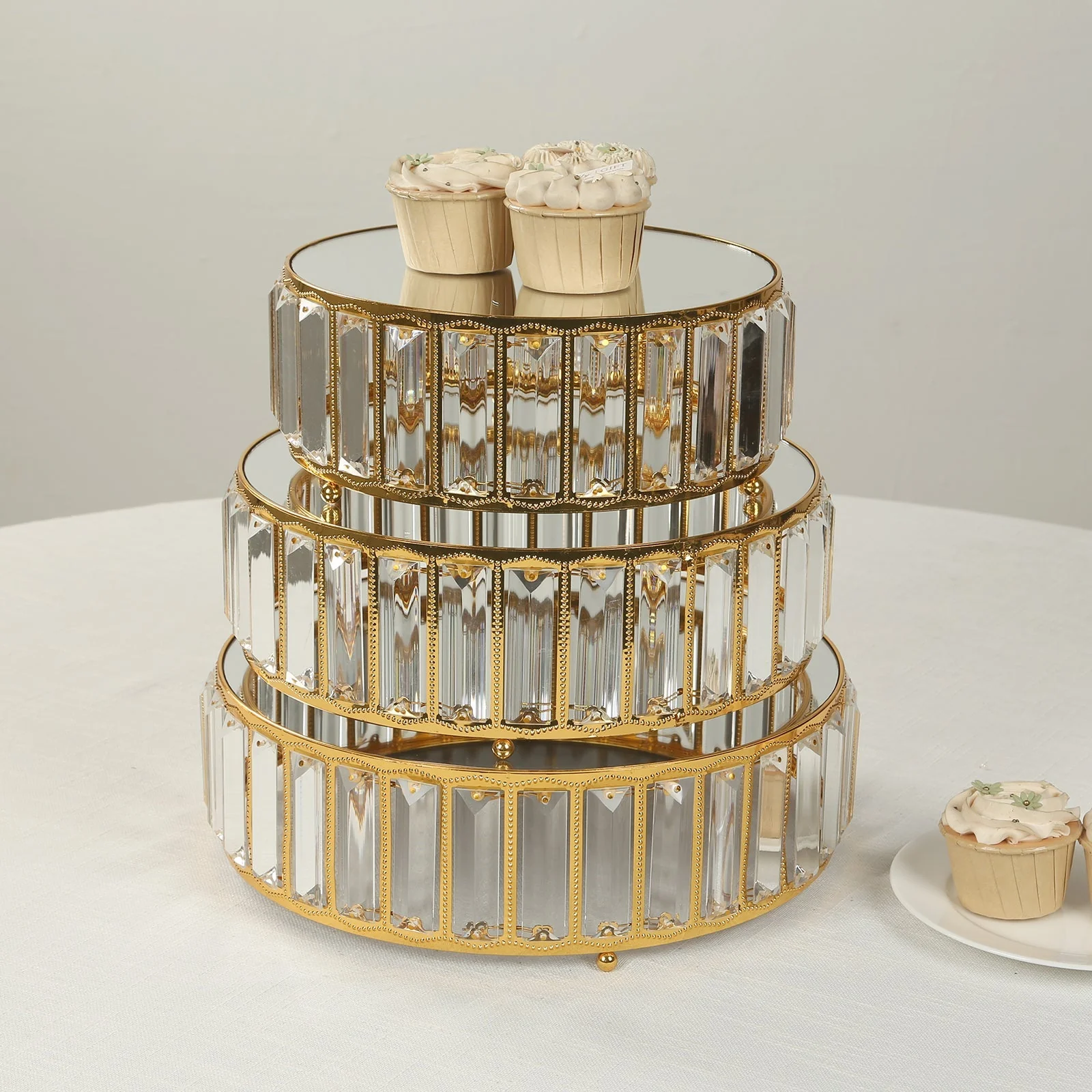 Set of 3 Crystal Pendant Gold Metal Cake Stands, Stackable Round Dessert Display Trays with Mirror Top - 9",11",12" - Image 5