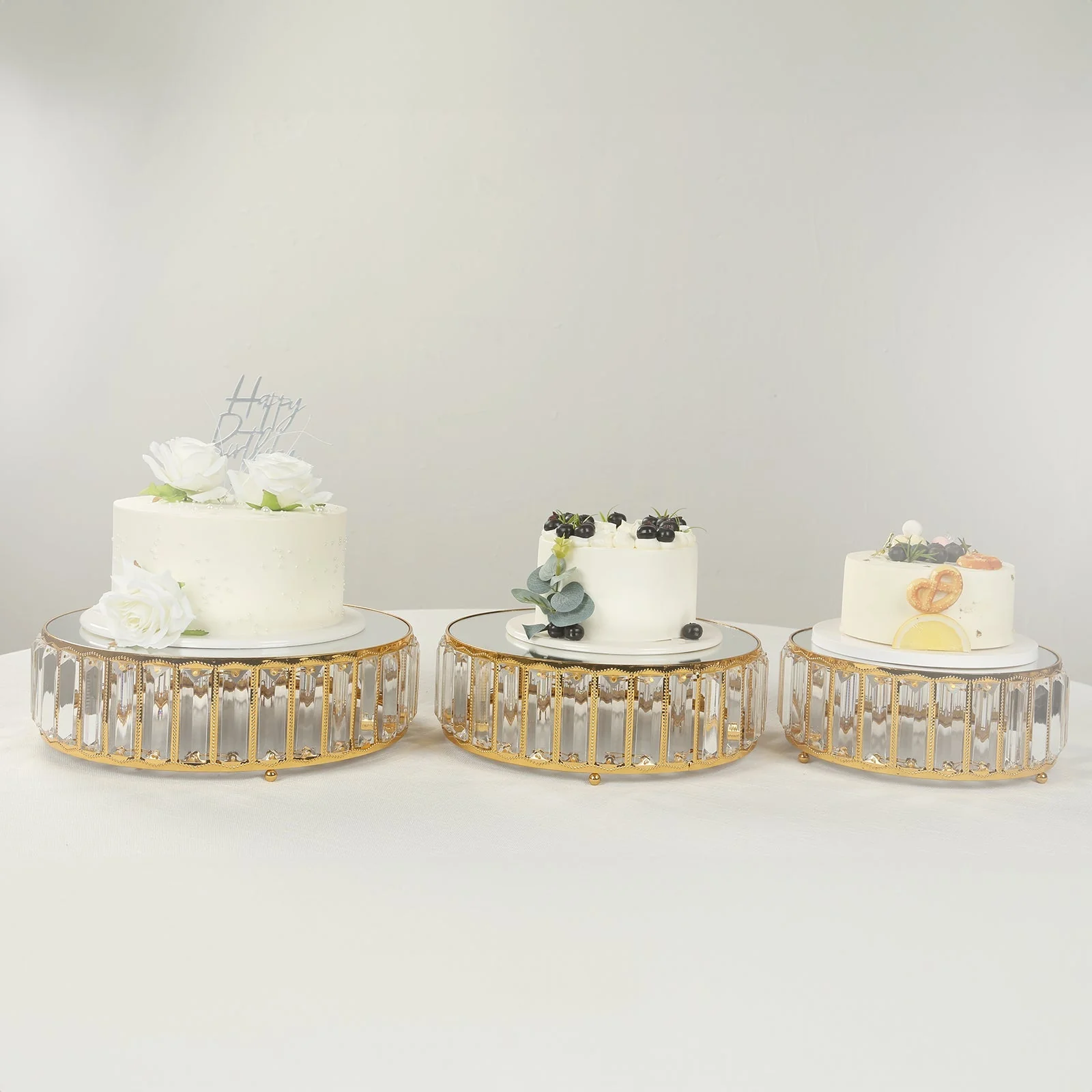 Set of 3 Crystal Pendant Gold Metal Cake Stands, Stackable Round Dessert Display Trays with Mirror Top - 9",11",12" - Image 6