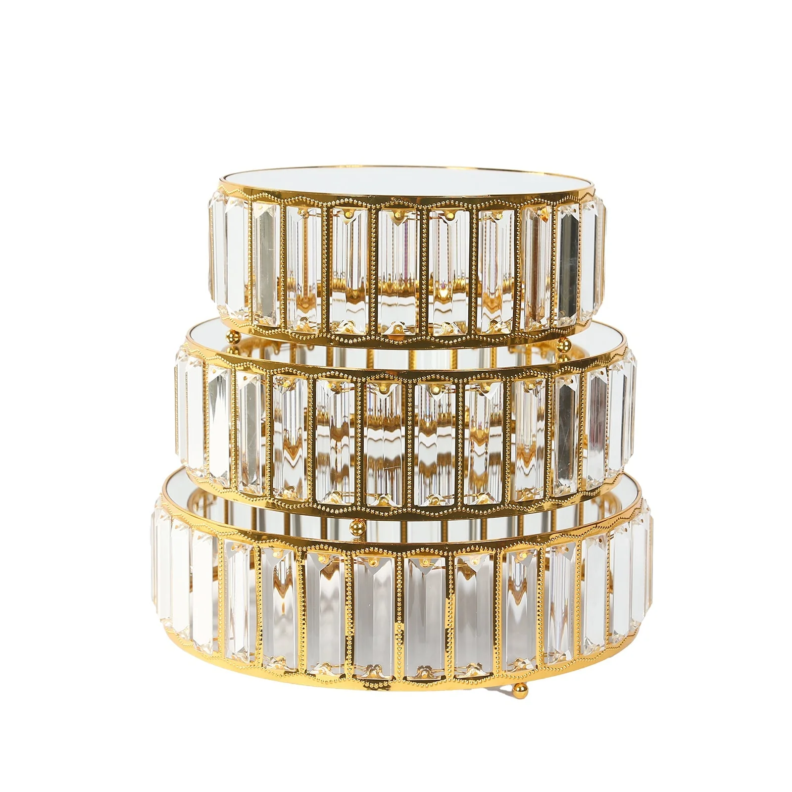 Set of 3 Crystal Pendant Gold Metal Cake Stands, Stackable Round Dessert Display Trays with Mirror Top - 9",11",12" - Image 7