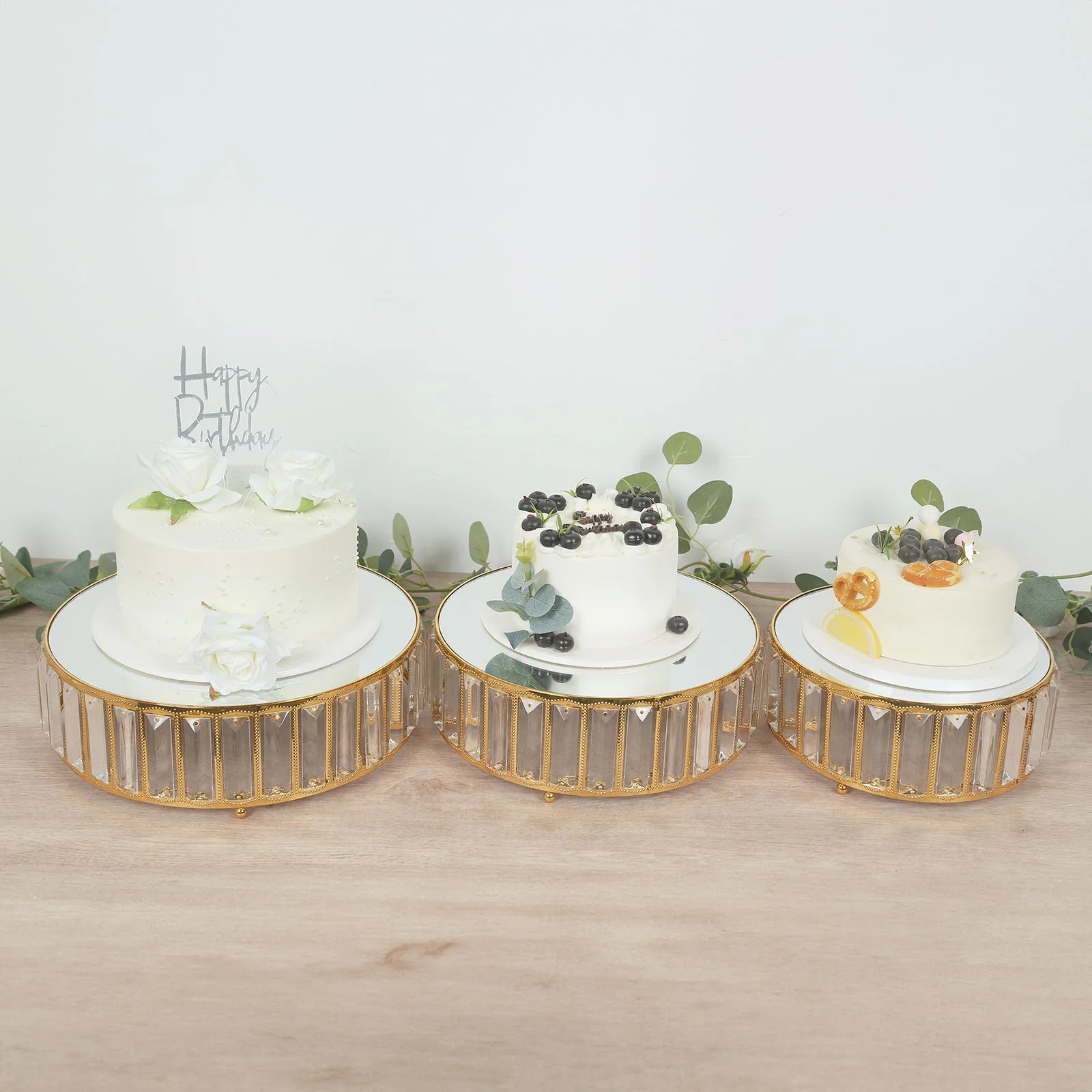 Set of 3 Crystal Pendant Gold Metal Cake Stands, Stackable Round Dessert Display Trays with Mirror Top - 9",11",12" - Image 8